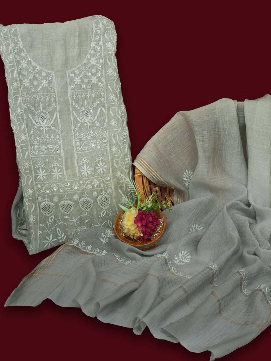 Ada Hand Embroidered Ombre shade Of Grey Chanderi Lucknowi Chikankari Semi-stitched Anarkali Kurta Dupatta Set With Zari Work 01A563336