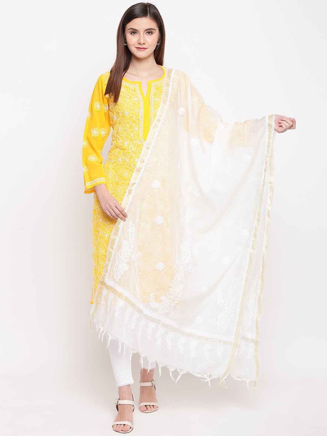 Ada Hand Embroidered White Kota Lucknowi Chikankari Dupatta A100148