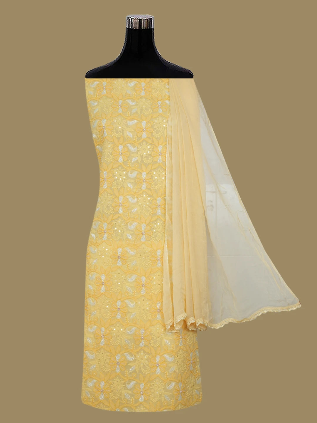 Ada Hand Embroidered Yellow Cotton Lucknowi Chikankari Unstitched Suit Piece With Cutdana Work 01A678217