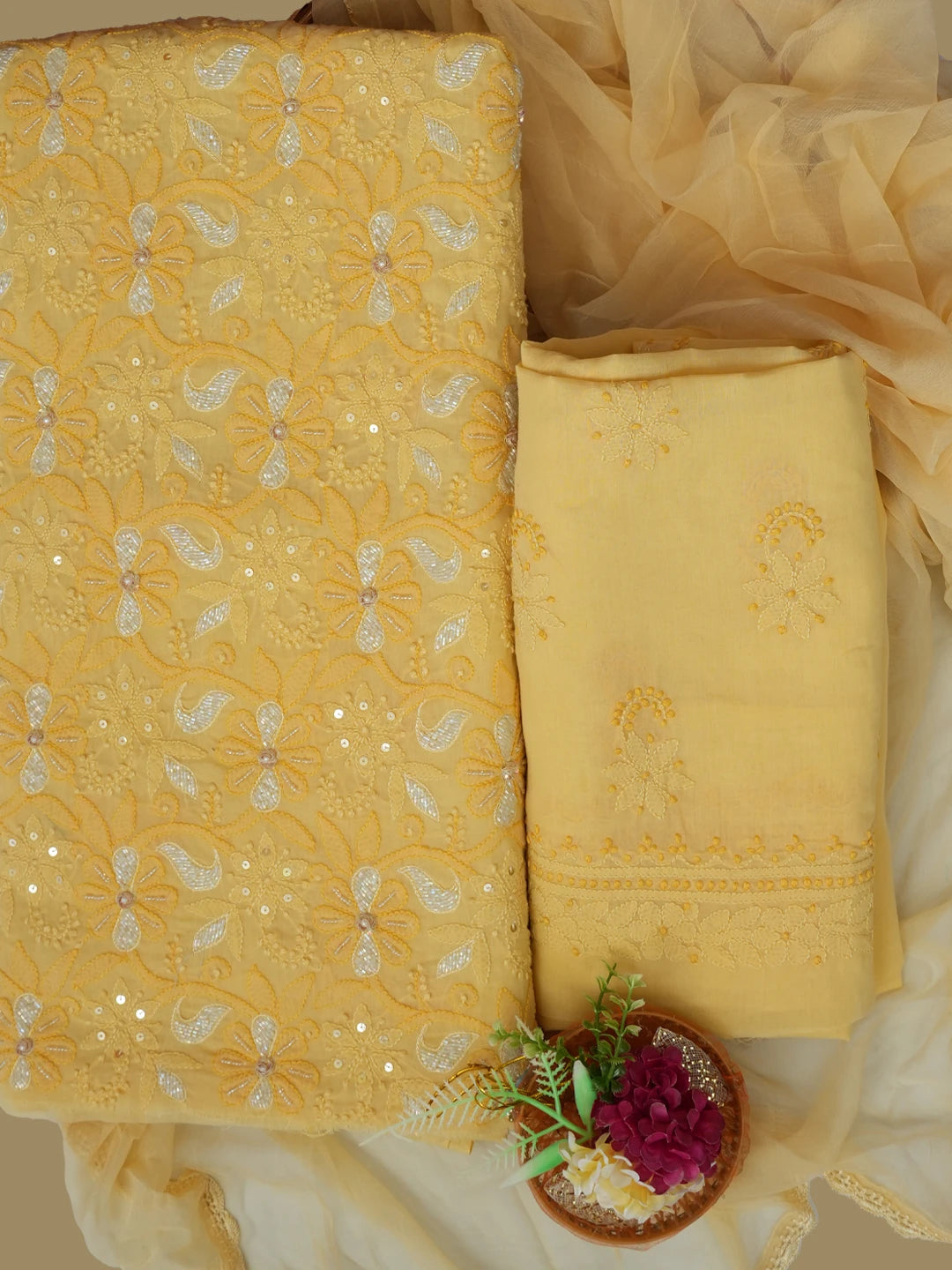 Ada Hand Embroidered Yellow Cotton Lucknowi Chikankari Unstitched Suit Piece With Cutdana Work 01A678217