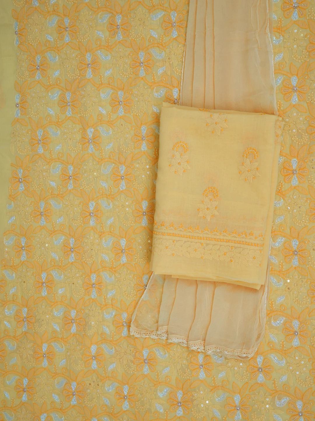 Ada Hand Embroidered Yellow Cotton Lucknowi Chikankari Unstitched Suit Piece With Cutdana Work 01A678217