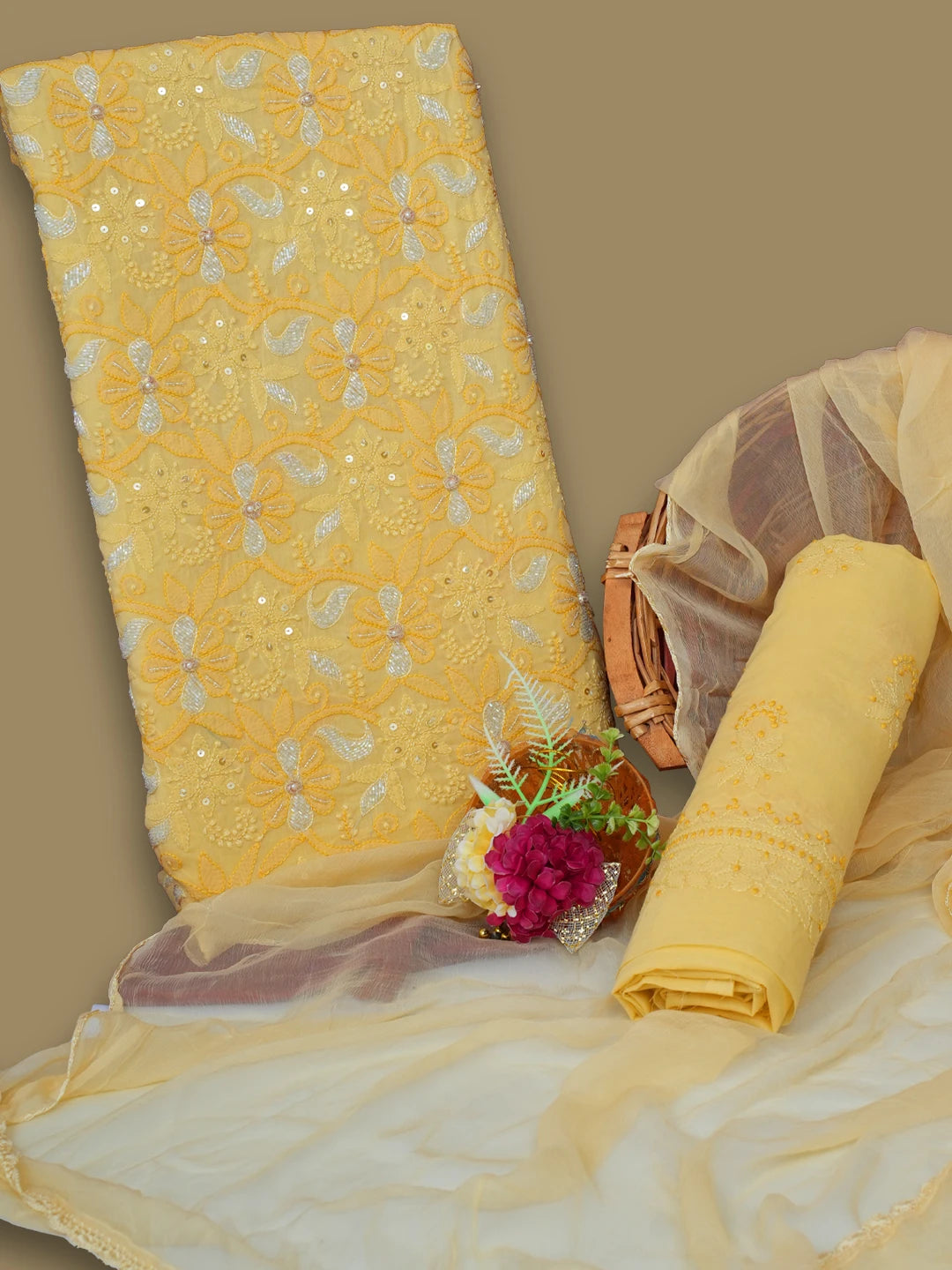 Ada Hand Embroidered Yellow Cotton Lucknowi Chikankari Unstitched Suit Piece With Cutdana Work 01A678217