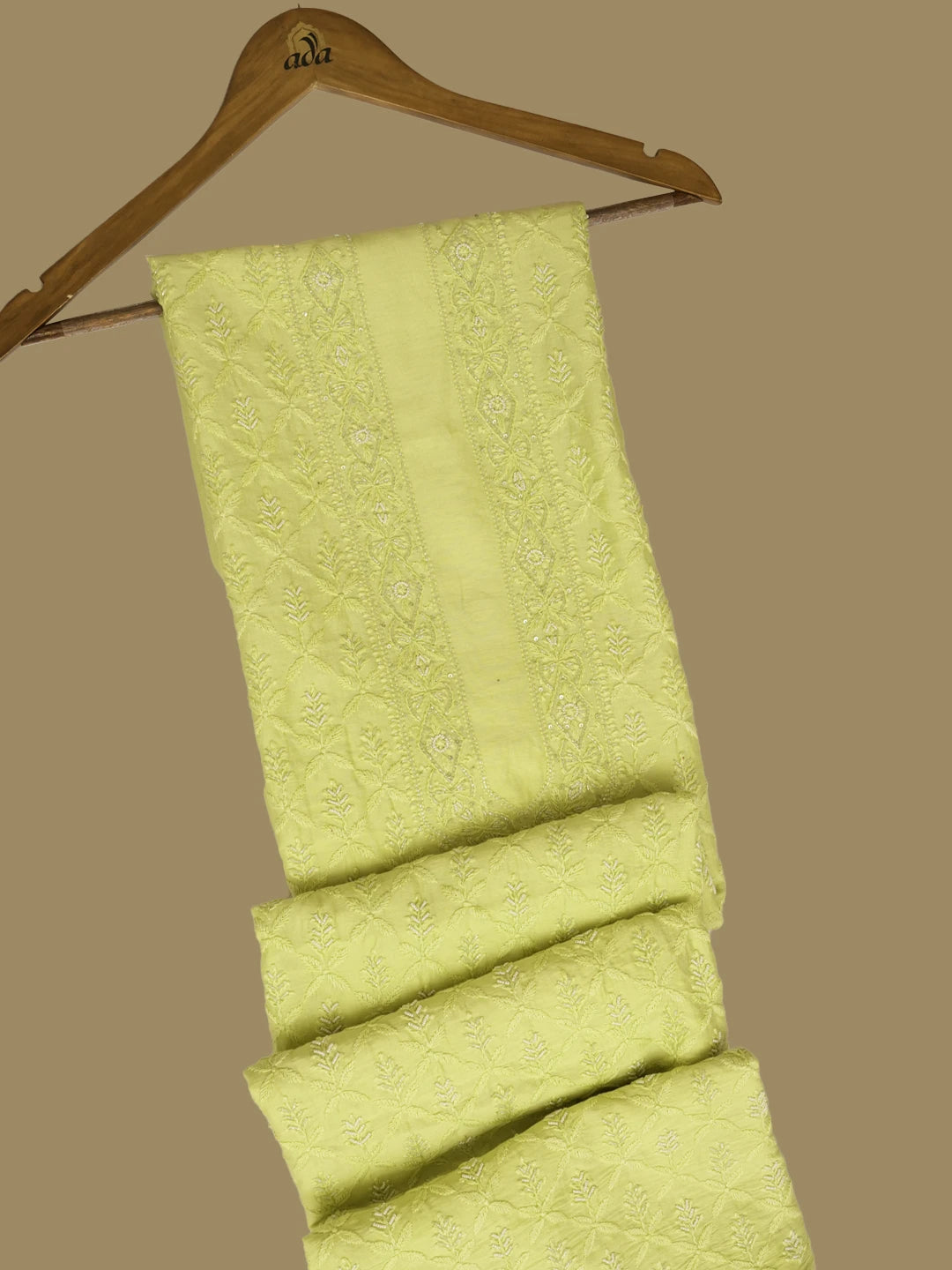 Ada Hand Embroidered Lime Green Chanderi Lucknowi Chikankari Unstitched Men's Kurta Piece with Cutdana Work 01A636513