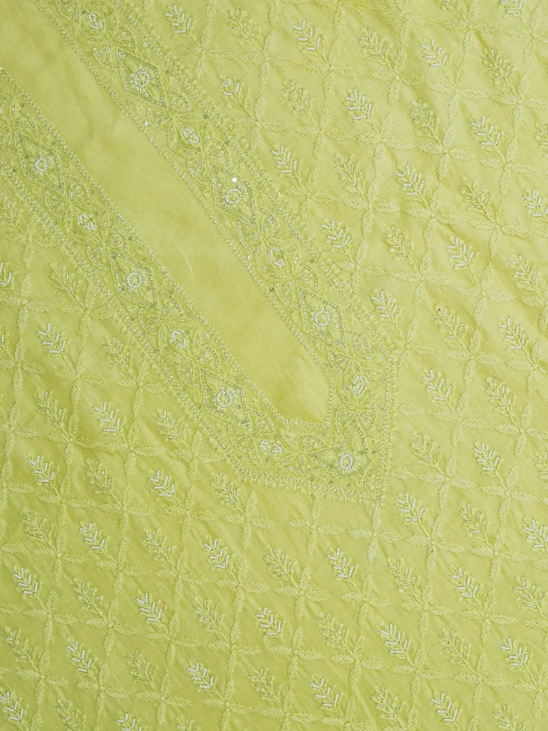 Ada Hand Embroidered Lime Green Chanderi Lucknowi Chikankari Unstitched Men's Kurta Piece with Cutdana Work 01A636513