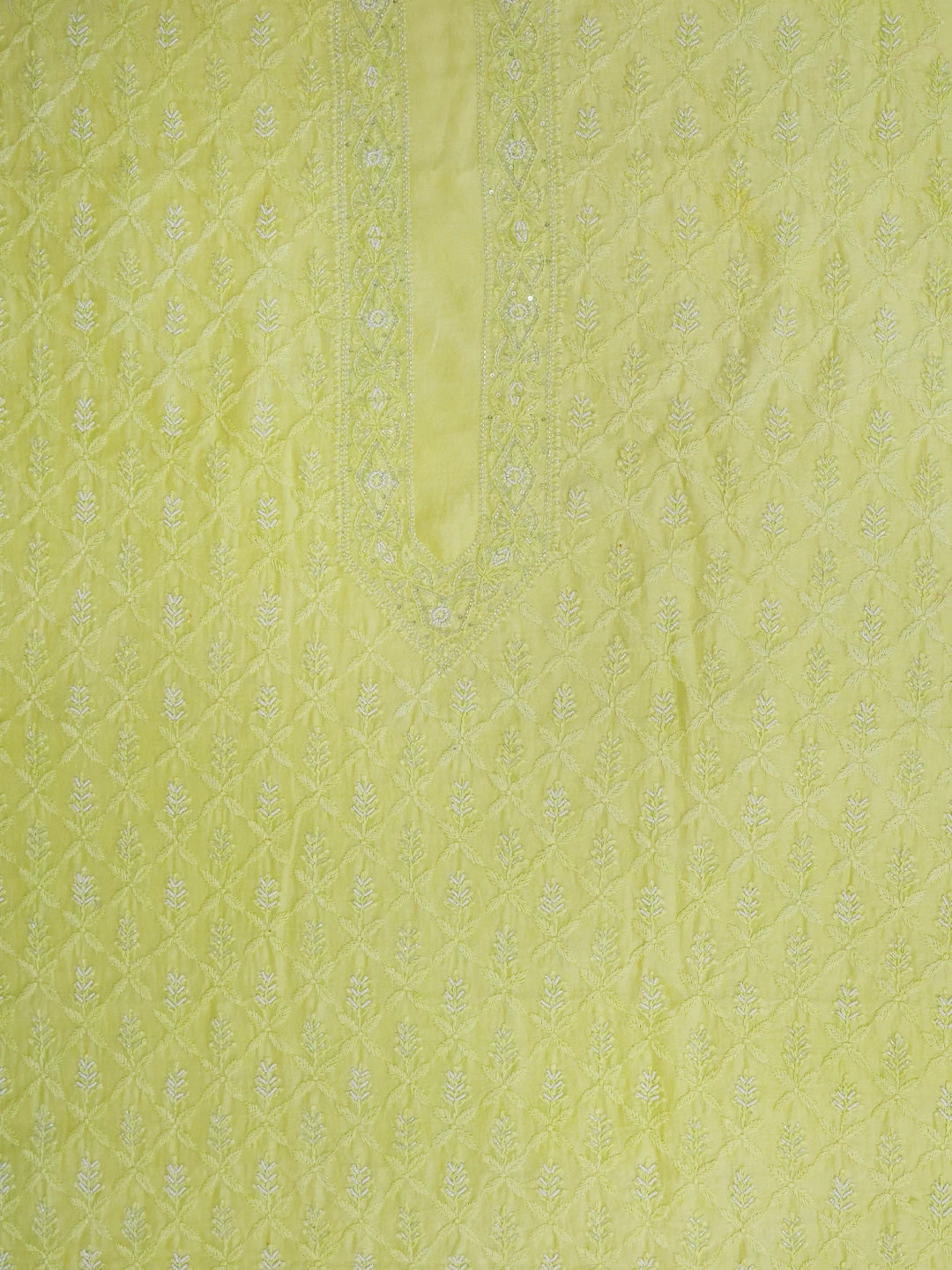 Ada Hand Embroidered Lime Green Chanderi Lucknowi Chikankari Unstitched Men's Kurta Piece with Cutdana Work 01A636513