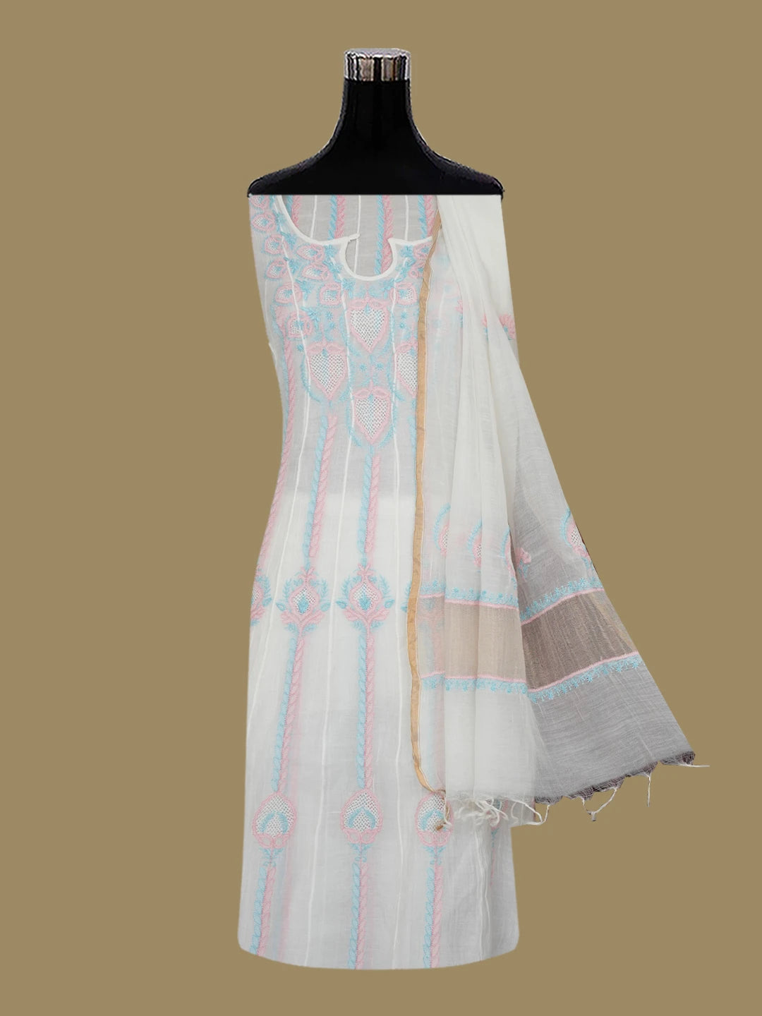 Ada Hand Embroidered White Chanderi Lucknowi Chikankari Semi-stitched Anarkali Kurta Dupatta Set 01A684622