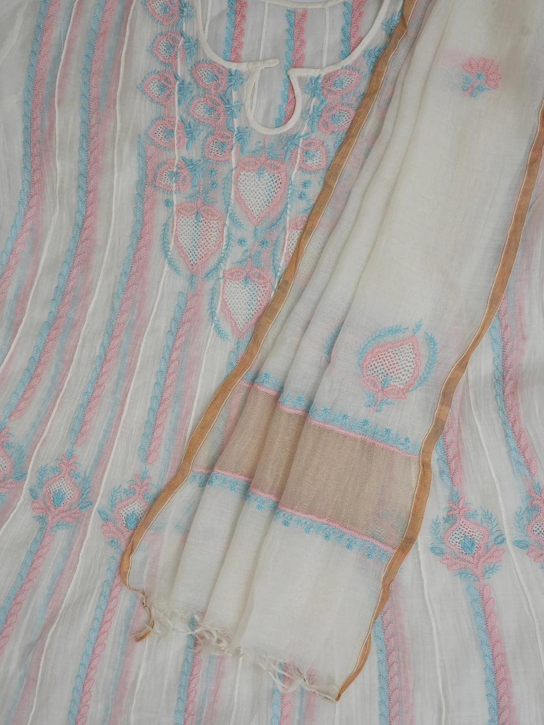 Ada Hand Embroidered White Chanderi Lucknowi Chikankari Semi-stitched Anarkali Kurta Dupatta Set 01A684622