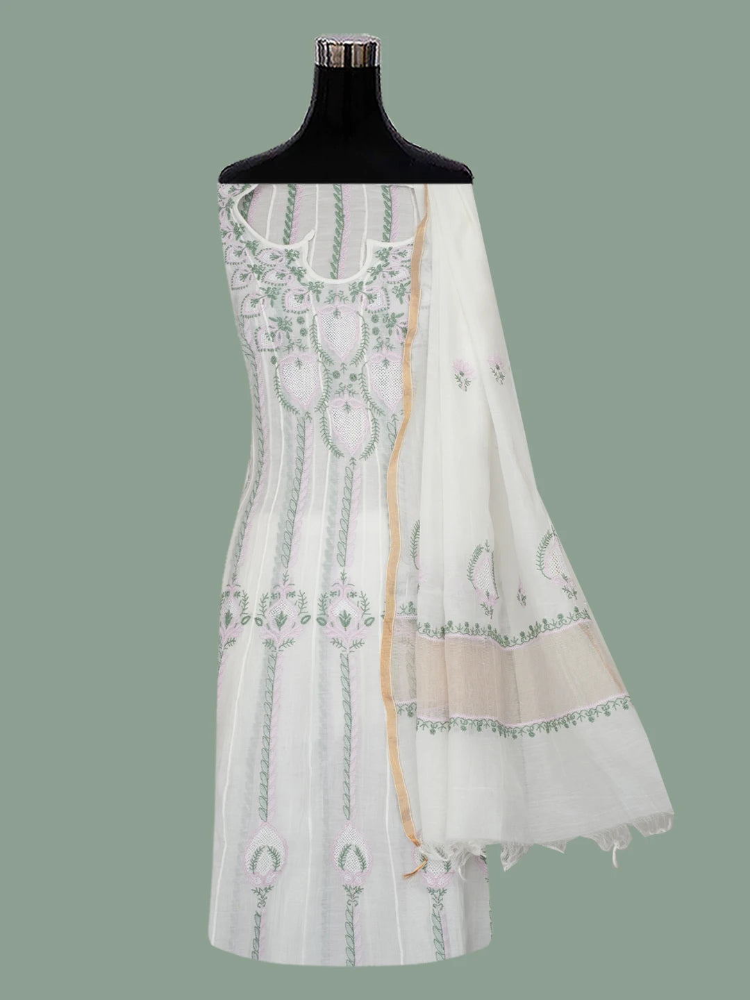 Ada Hand Embroidered White Chanderi Lucknowi Chikankari Semi-stitched Anarkali Kurta Dupatta Set 01A684624