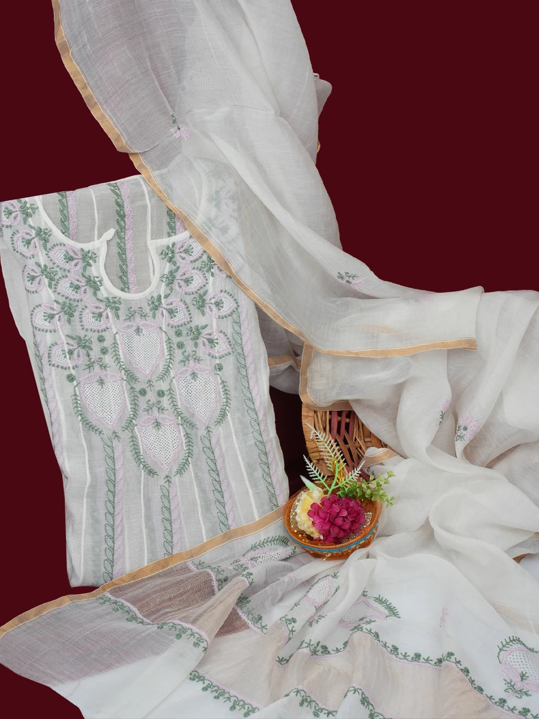 Ada Hand Embroidered White Chanderi Lucknowi Chikankari Semi-stitched Anarkali Kurta Dupatta Set 01A684624