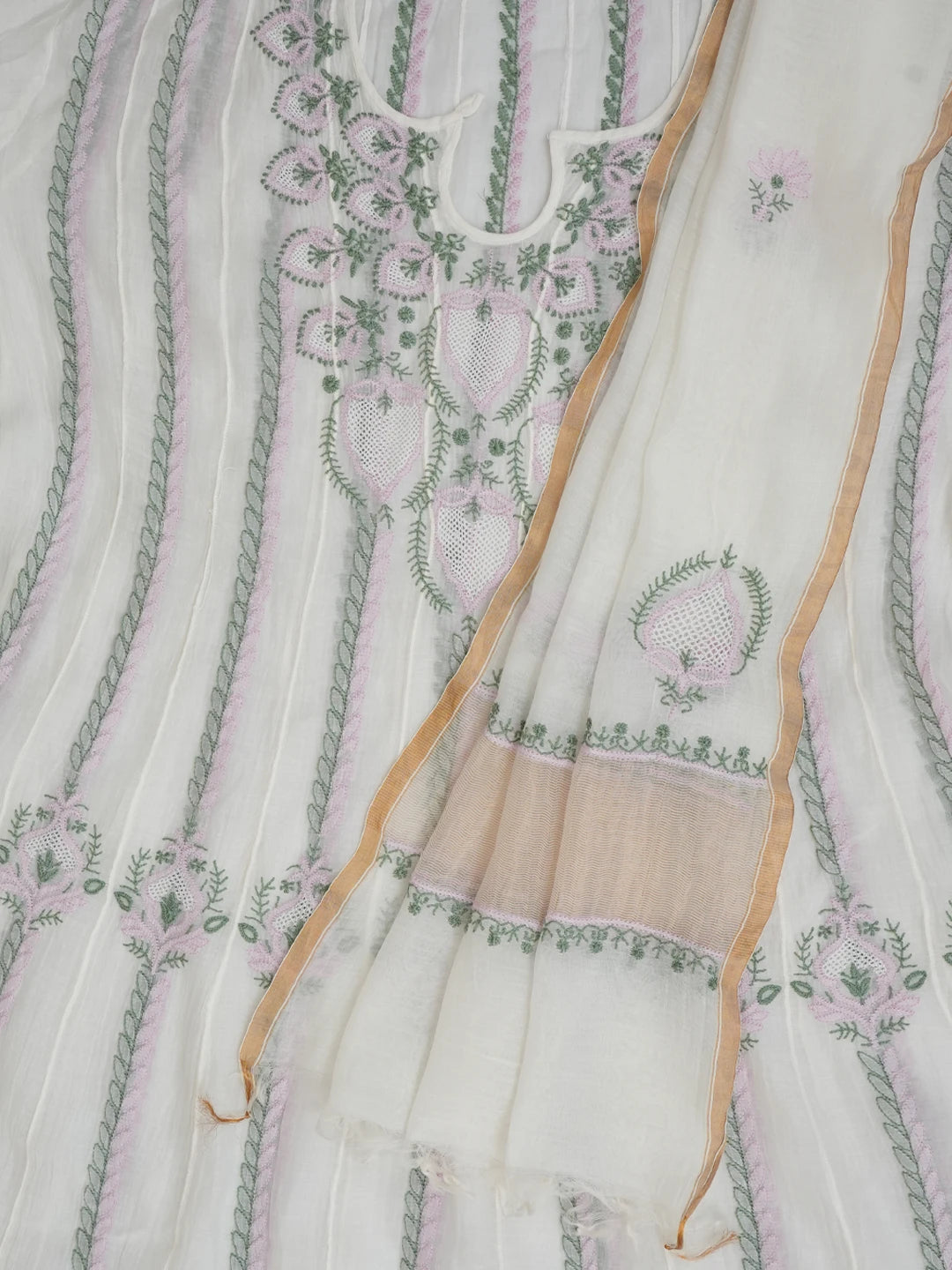 Ada Hand Embroidered White Chanderi Lucknowi Chikankari Semi-stitched Anarkali Kurta Dupatta Set 01A684624