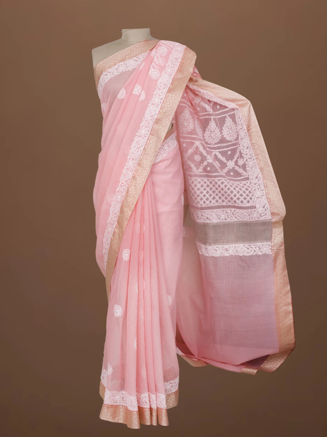 Ada Hand Embroidered Pink Chanderi Lucknowi Chikankari Saree With Blouse 01A683679