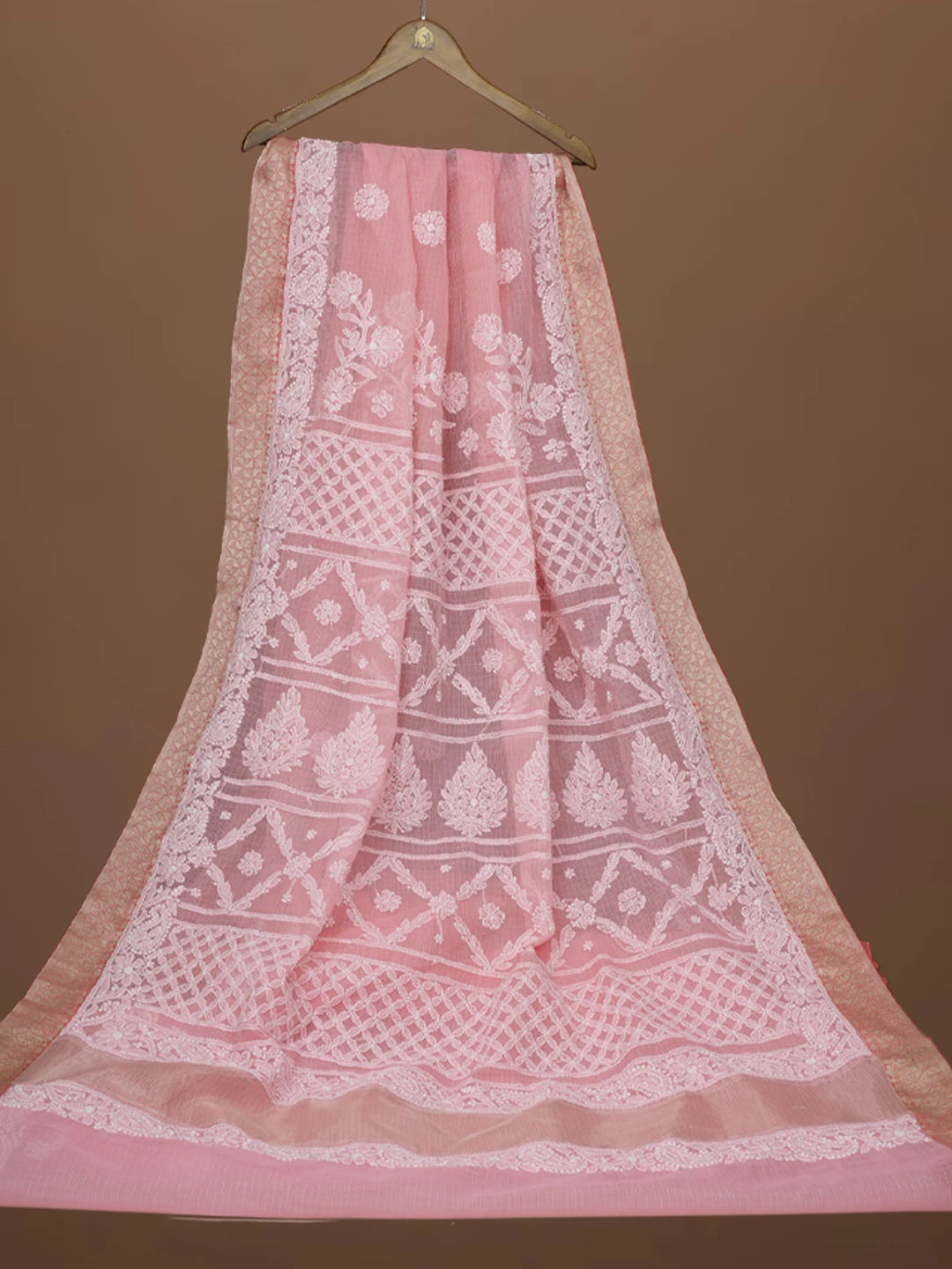Ada Hand Embroidered Pink Chanderi Lucknowi Chikankari Saree With Blouse 01A683679