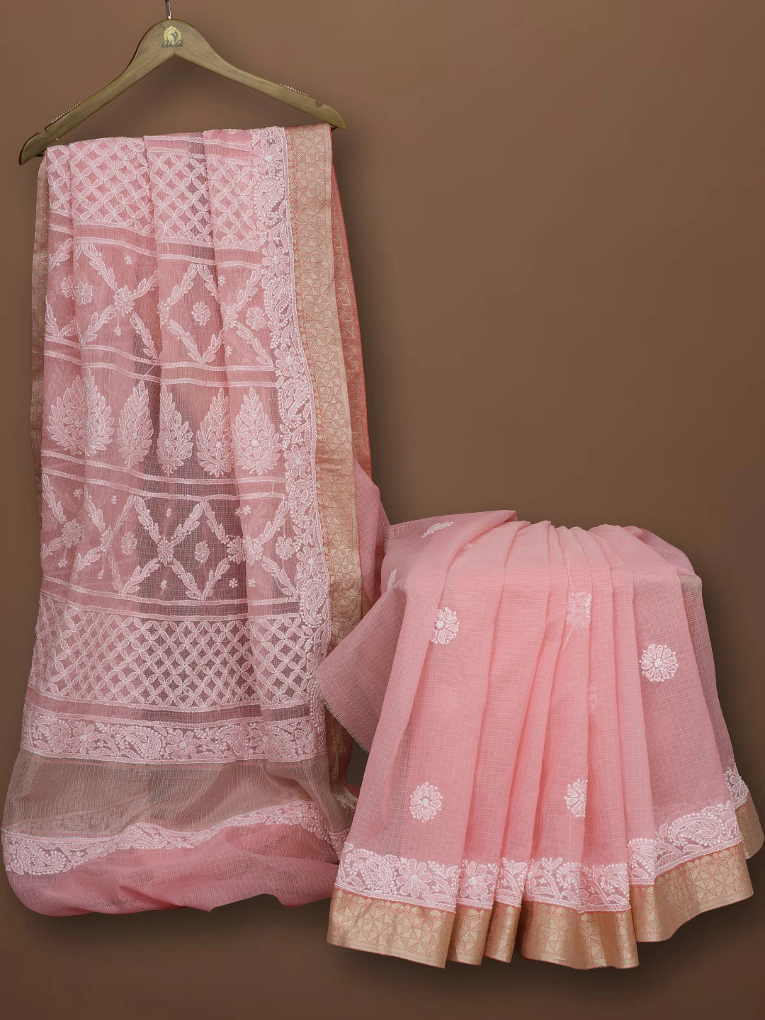 Ada Hand Embroidered Pink Chanderi Lucknowi Chikankari Saree With Blouse 01A683679