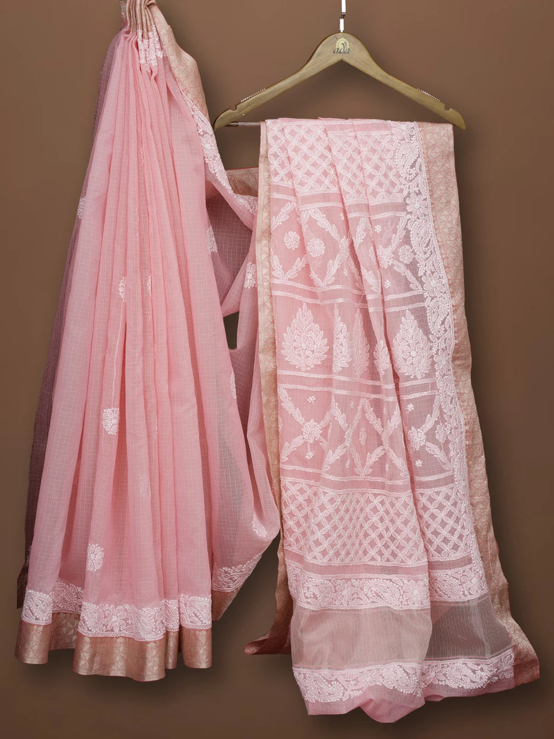 Ada Hand Embroidered Pink Chanderi Lucknowi Chikankari Saree With Blouse 01A683679
