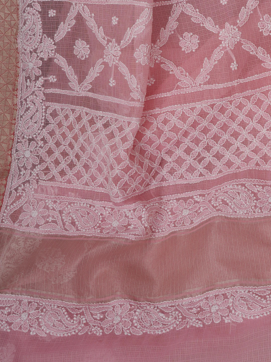 Ada Hand Embroidered Pink Chanderi Lucknowi Chikankari Saree With Blouse 01A683679