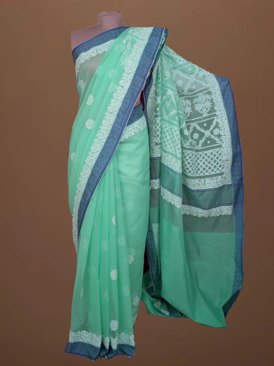 Ada Hand Embroidered Sea Green Chanderi Lucknowi Chikankari Saree With Blouse 01A683657