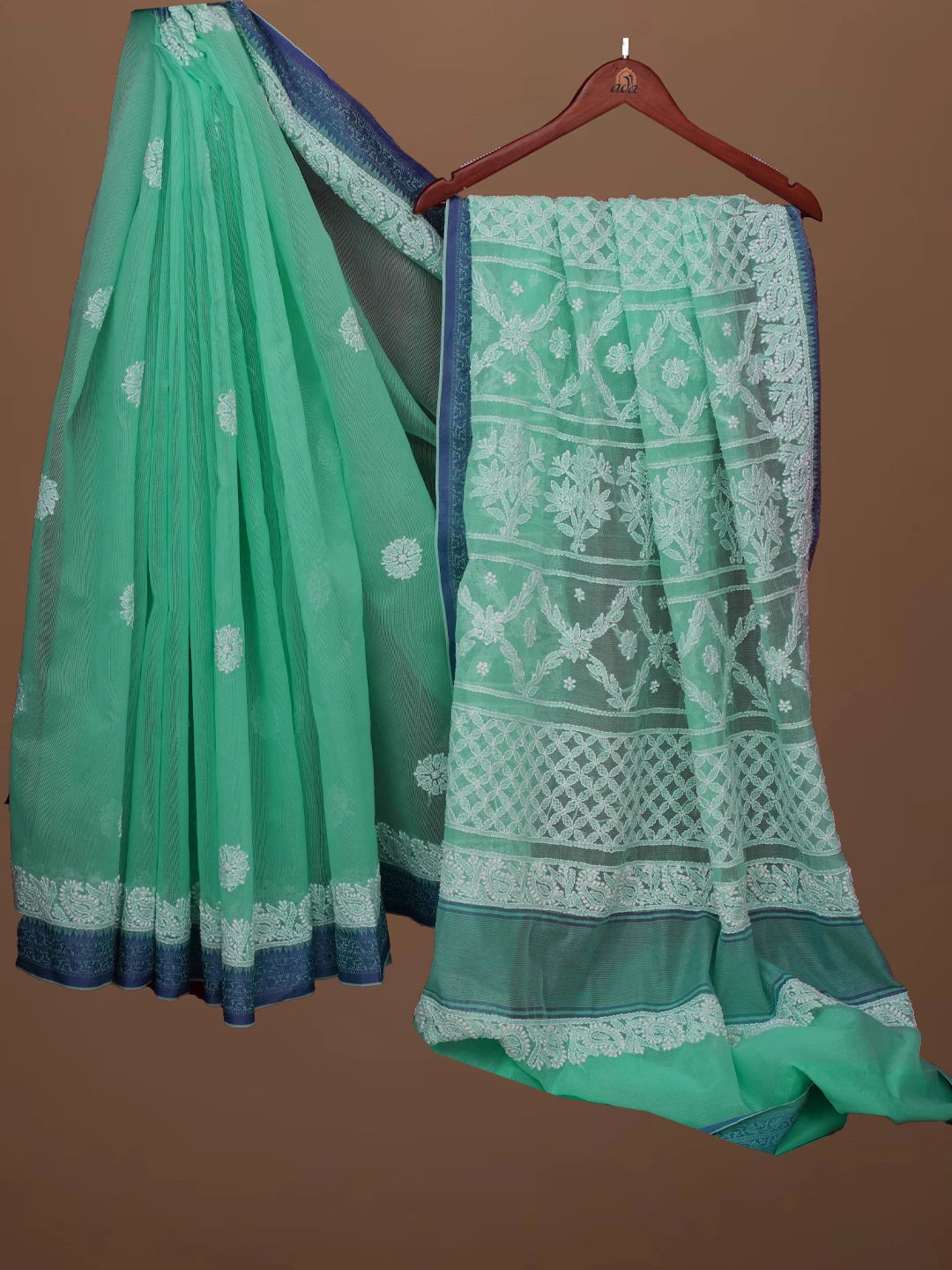 Ada Hand Embroidered Sea Green Chanderi Lucknowi Chikankari Saree With Blouse 01A683657