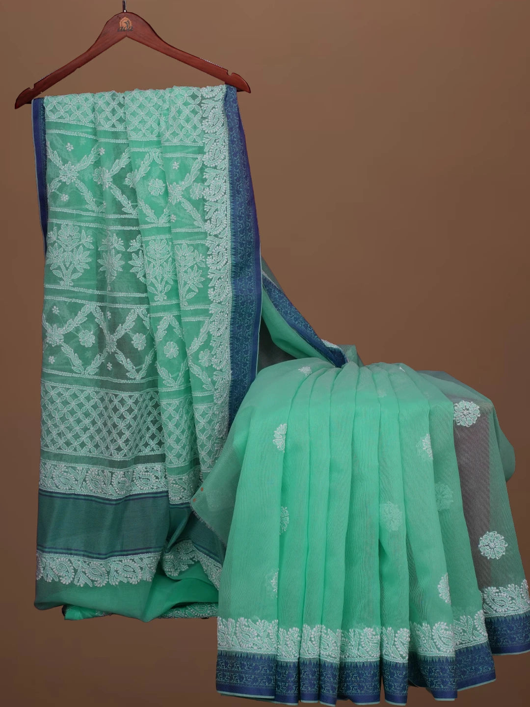 Ada Hand Embroidered Sea Green Chanderi Lucknowi Chikankari Saree With Blouse 01A683657