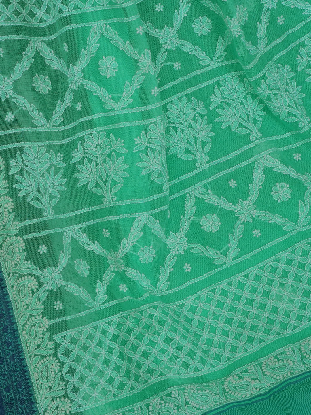 Ada Hand Embroidered Sea Green Chanderi Lucknowi Chikankari Saree With Blouse 01A683657