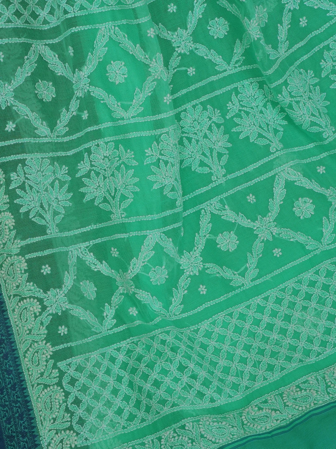 Ada Hand Embroidered Sea Green Chanderi Lucknowi Chikankari Saree With Blouse 01A683657