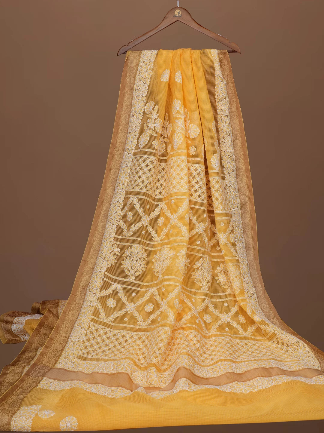Ada Hand Embroidered Yellow Chanderi Lucknowi Chikankari Saree With Blouse 01A683643