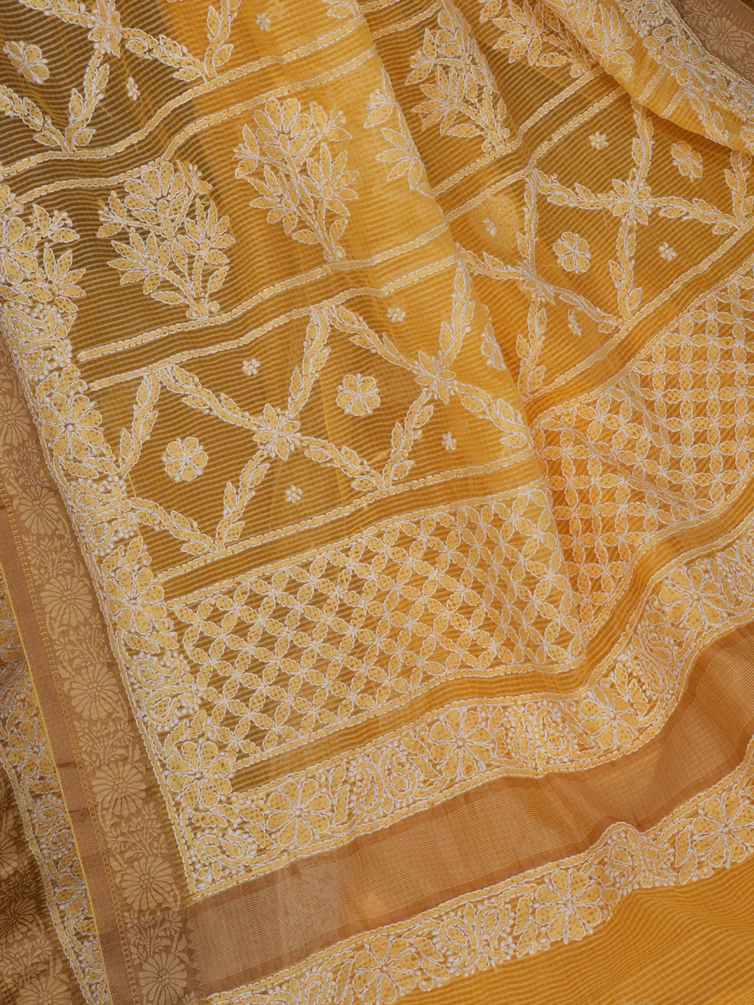Ada Hand Embroidered Yellow Chanderi Lucknowi Chikankari Saree With Blouse 01A683643