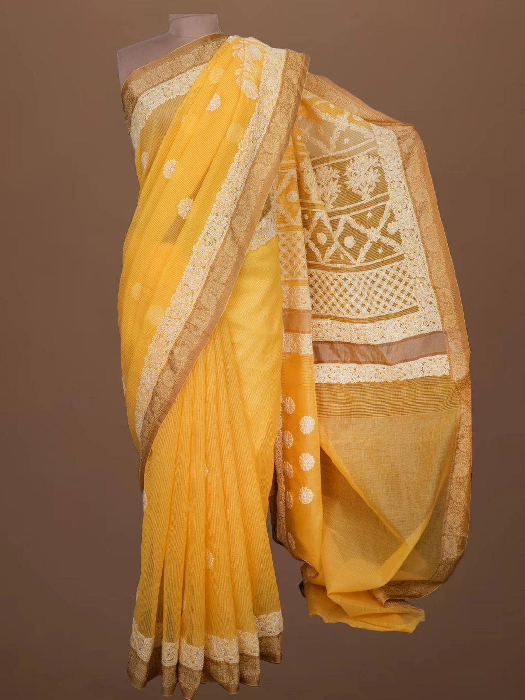 Ada Hand Embroidered Yellow Chanderi Lucknowi Chikankari Saree With Blouse 01A683643