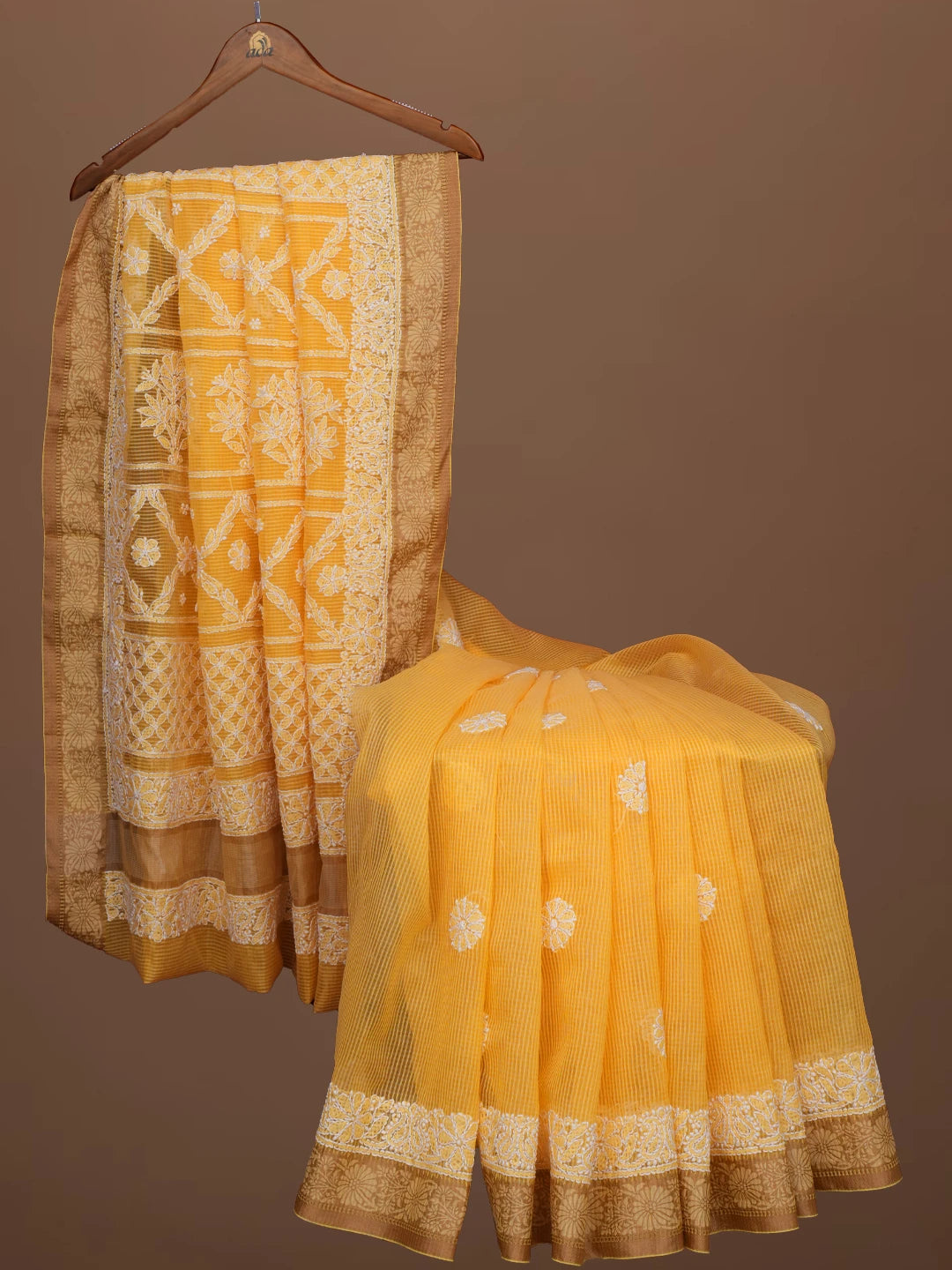 Ada Hand Embroidered Yellow Chanderi Lucknowi Chikankari Saree With Blouse 01A683643