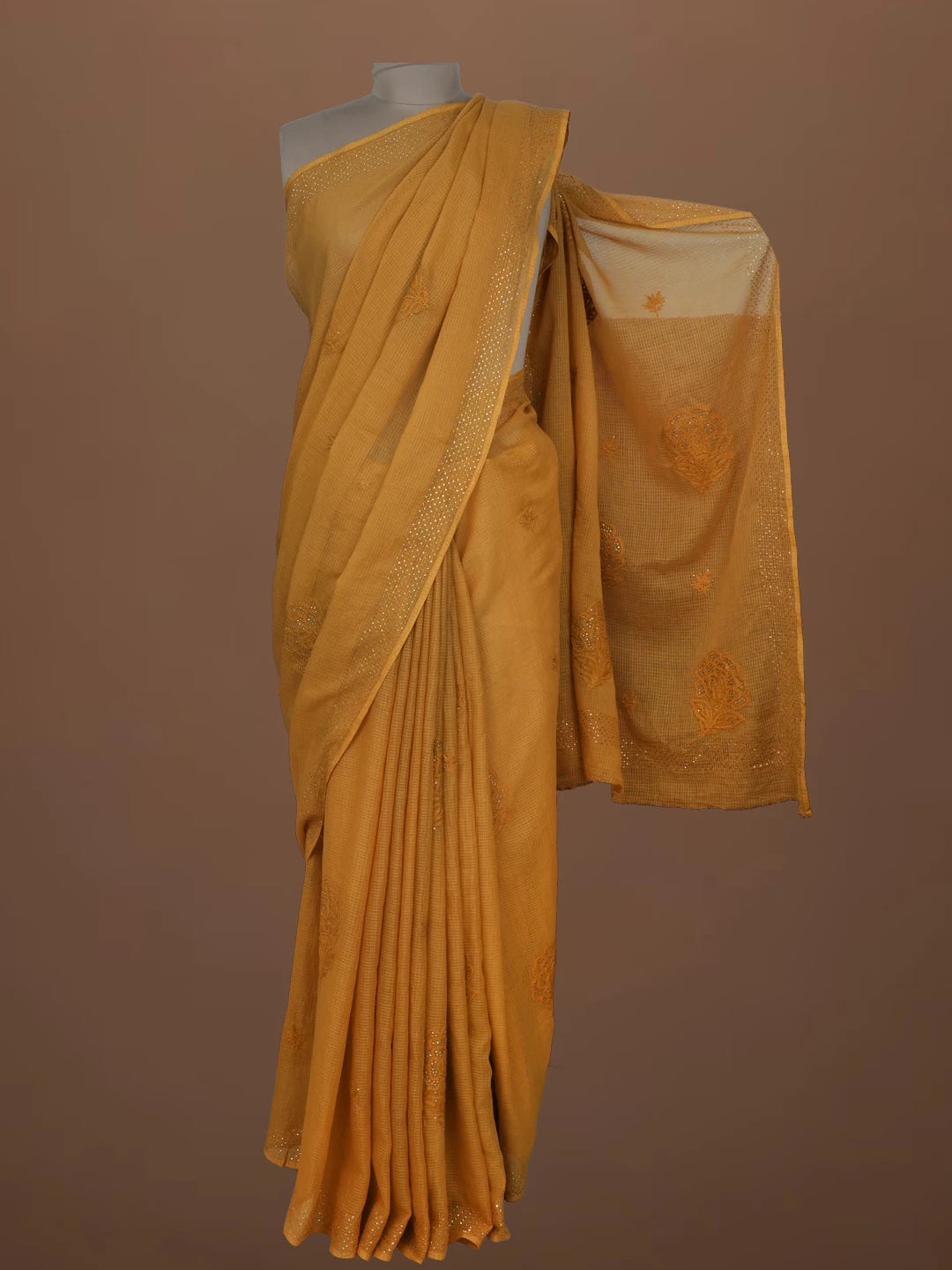Ada Hand Embroidered Fawn Kota Lucknowi Chikankari Saree and Blouse With Muqaish Work 01A675545