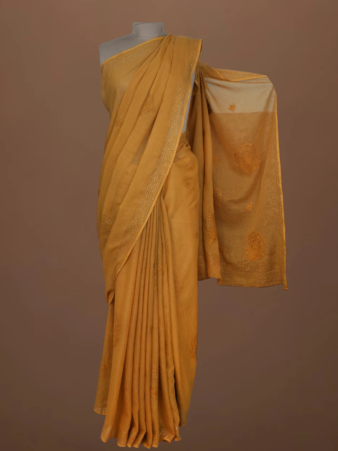 Ada Hand Embroidered Fawn Kota Lucknowi Chikankari Saree and Blouse With Muqaish Work 01A675545