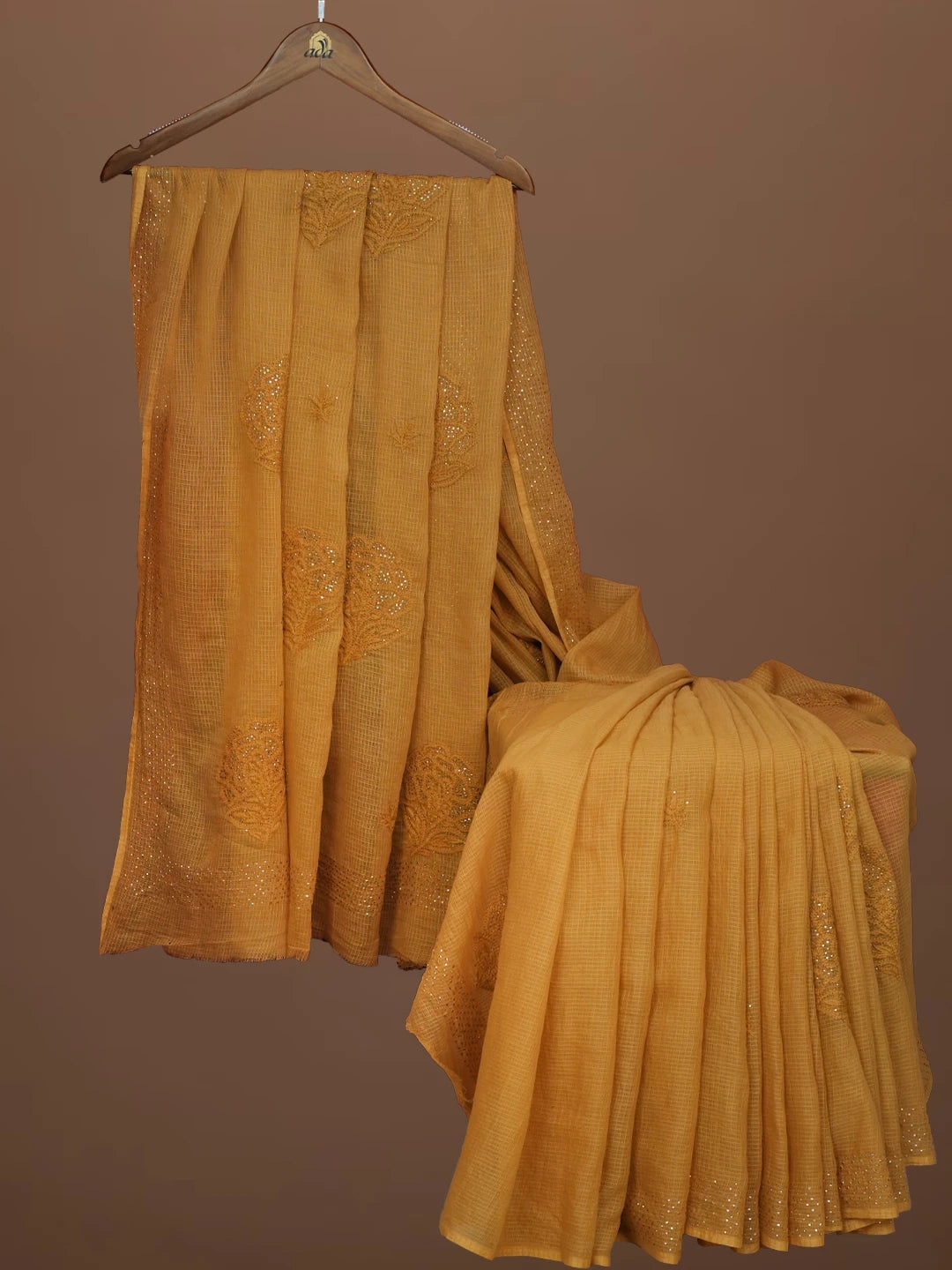 Ada Hand Embroidered Fawn Kota Lucknowi Chikankari Saree and Blouse With Muqaish Work 01A675545
