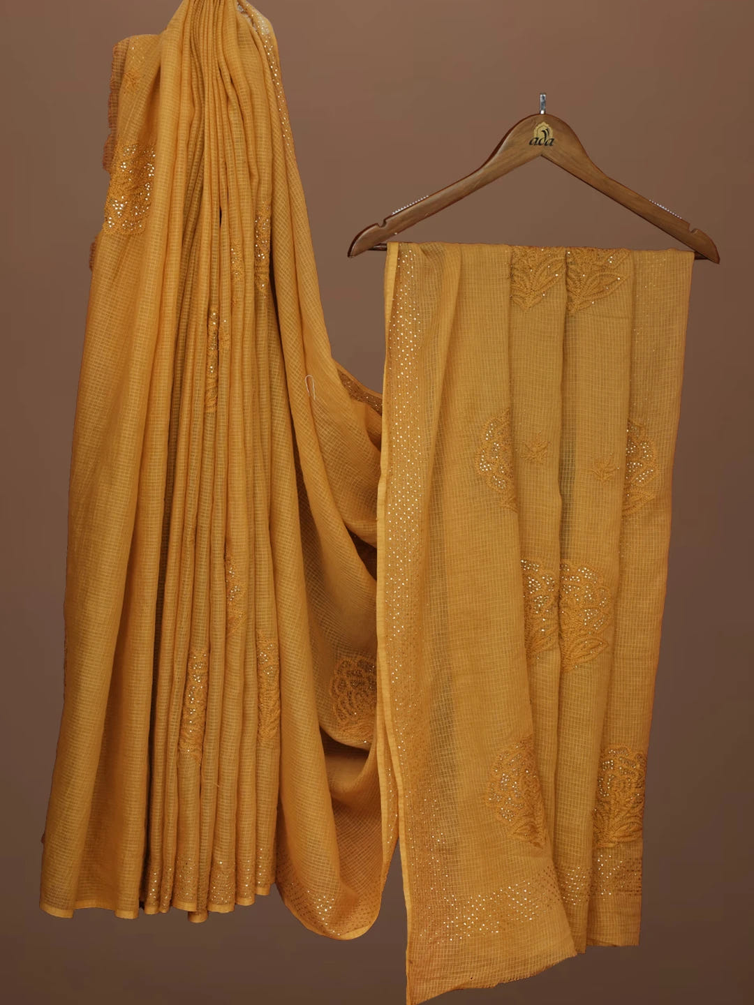 Ada Hand Embroidered Fawn Kota Lucknowi Chikankari Saree and Blouse With Muqaish Work 01A675545