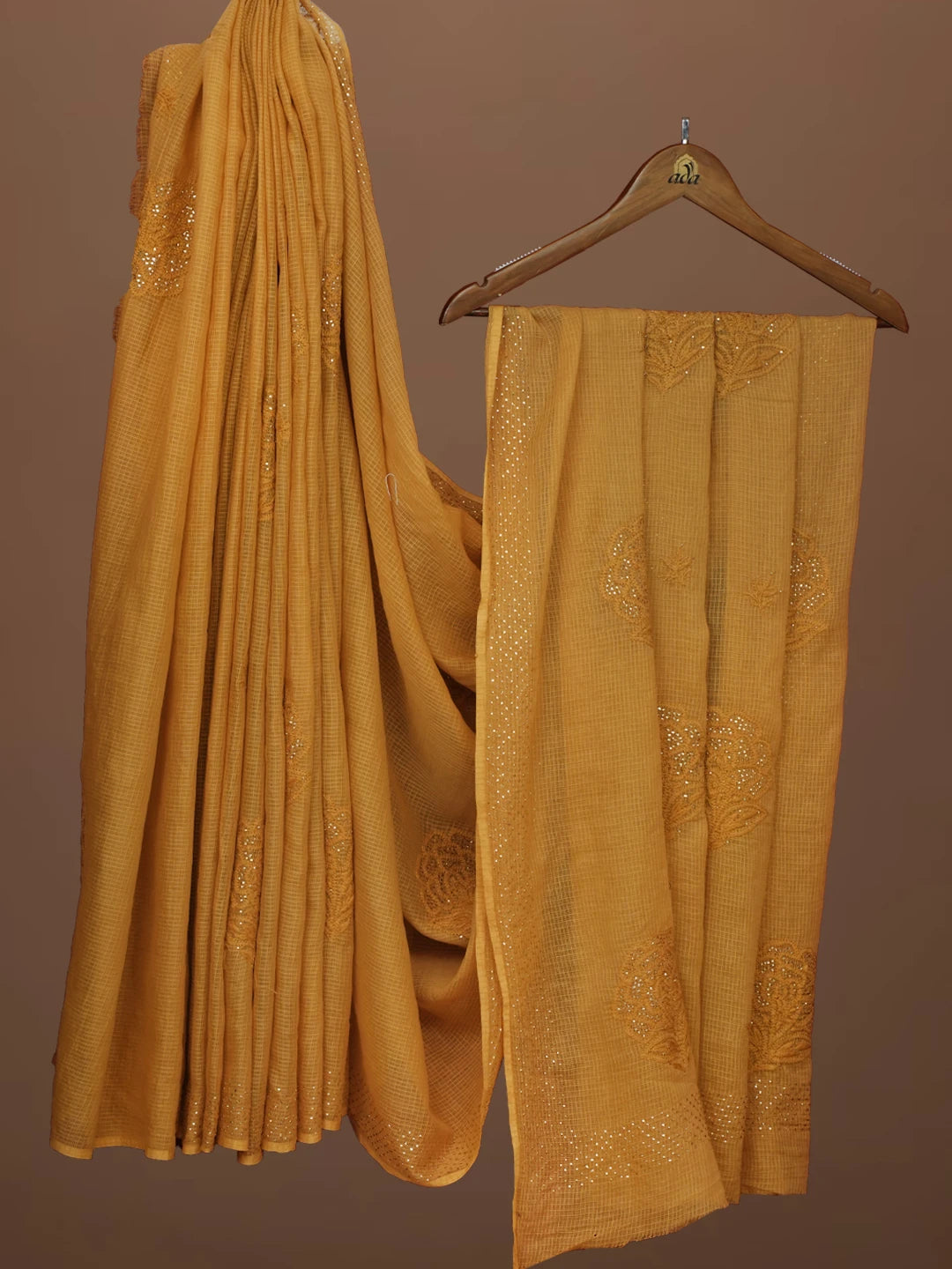 Ada Hand Embroidered Fawn Kota Lucknowi Chikankari Saree and Blouse With Muqaish Work 01A675545