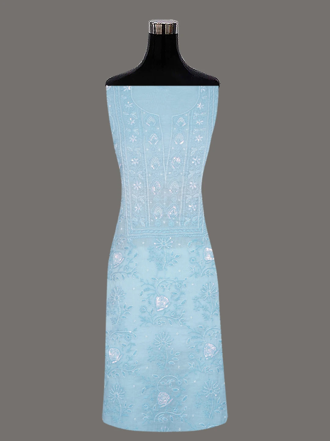 Ada Hand Embroidered Beau Blue Chanderi Lucknowi Chikankari Unstitched Kurta Dupatta Set With Sequinned Work 01A622288