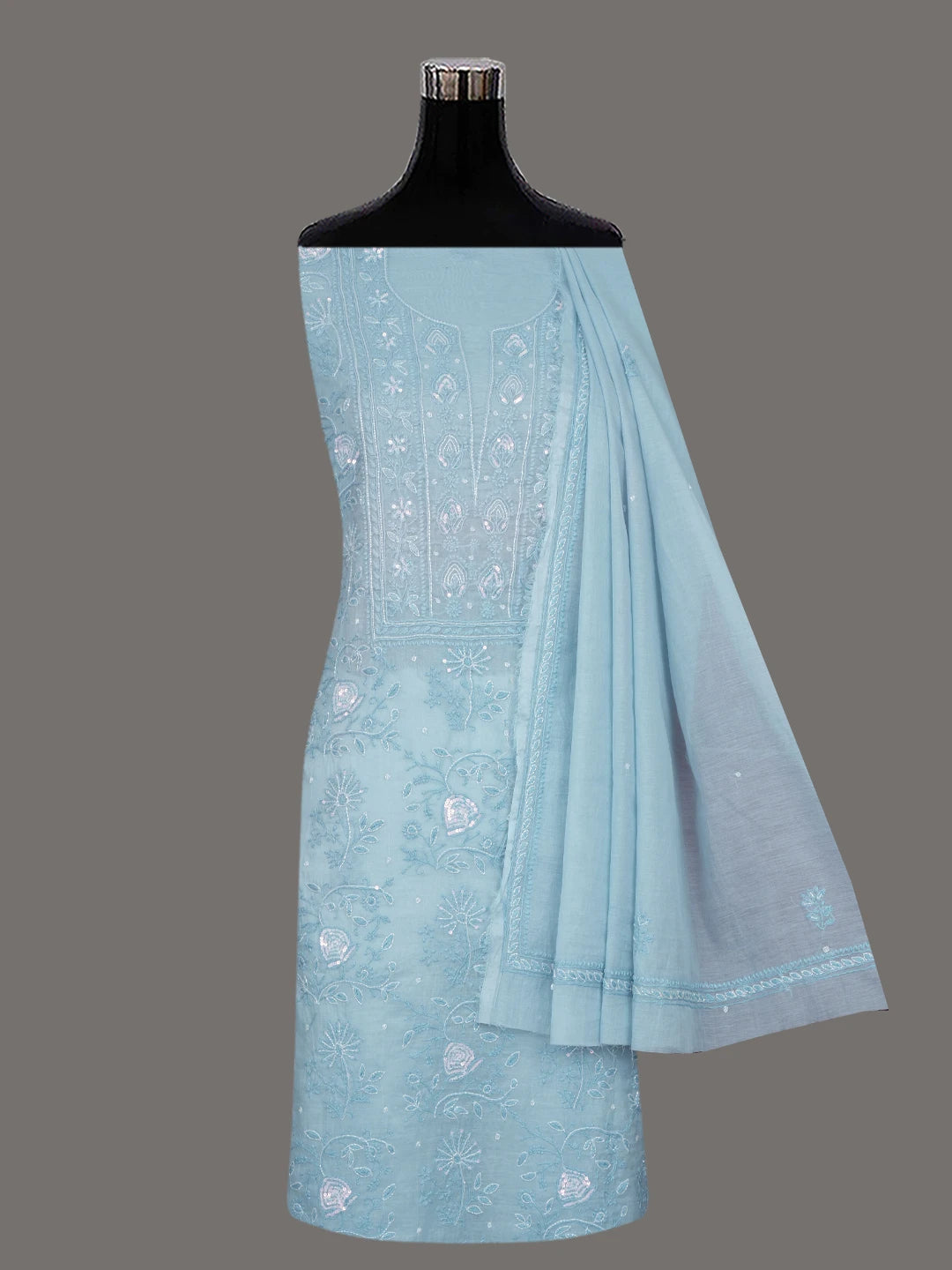 Ada Hand Embroidered Beau Blue Chanderi Lucknowi Chikankari Unstitched Kurta Dupatta Set With Sequinned Work 01A622288