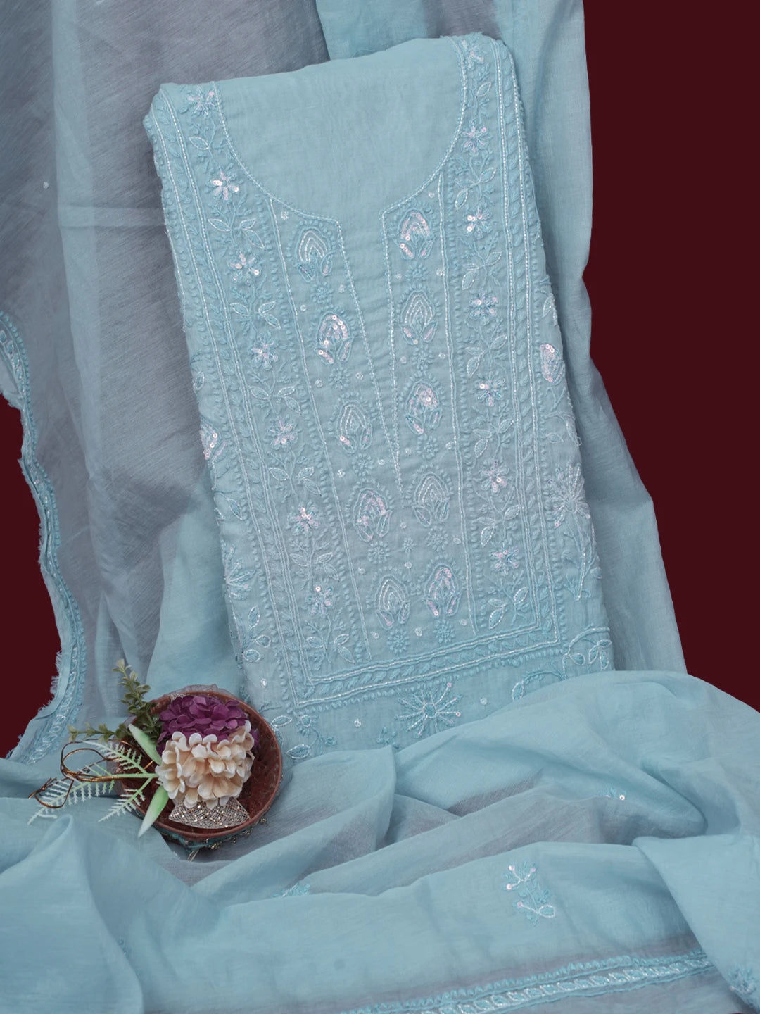 Ada Hand Embroidered Beau Blue Chanderi Lucknowi Chikankari Unstitched Kurta Dupatta Set With Sequinned Work 01A622288