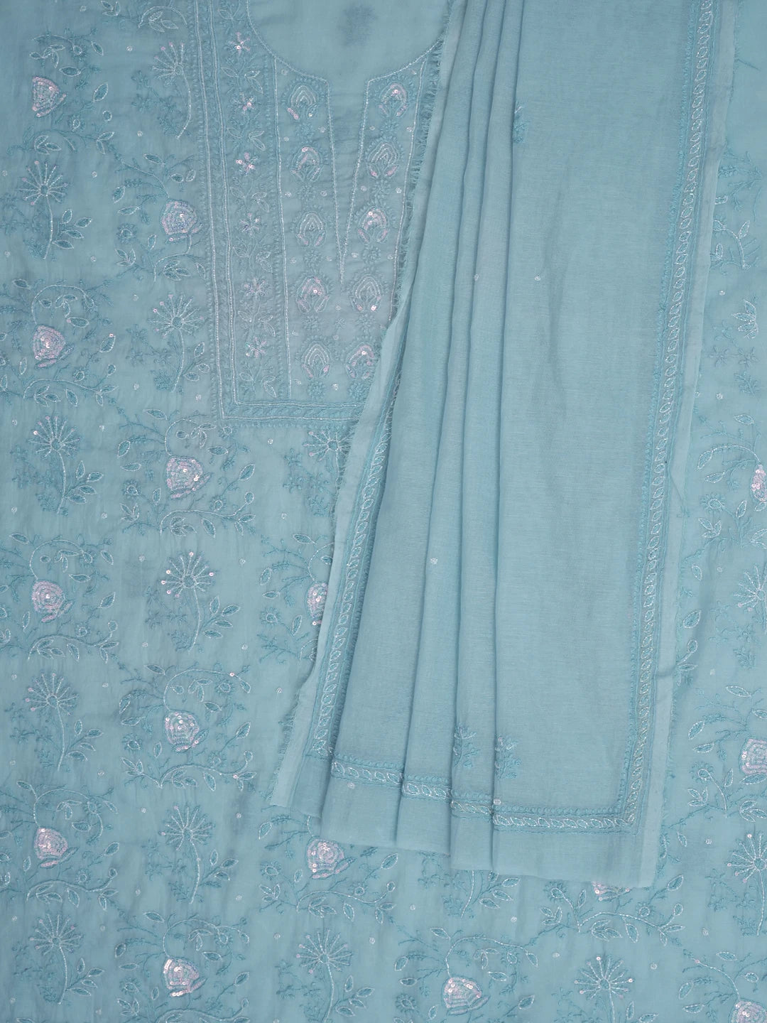 Ada Hand Embroidered Beau Blue Chanderi Lucknowi Chikankari Unstitched Kurta Dupatta Set With Sequinned Work 01A622288
