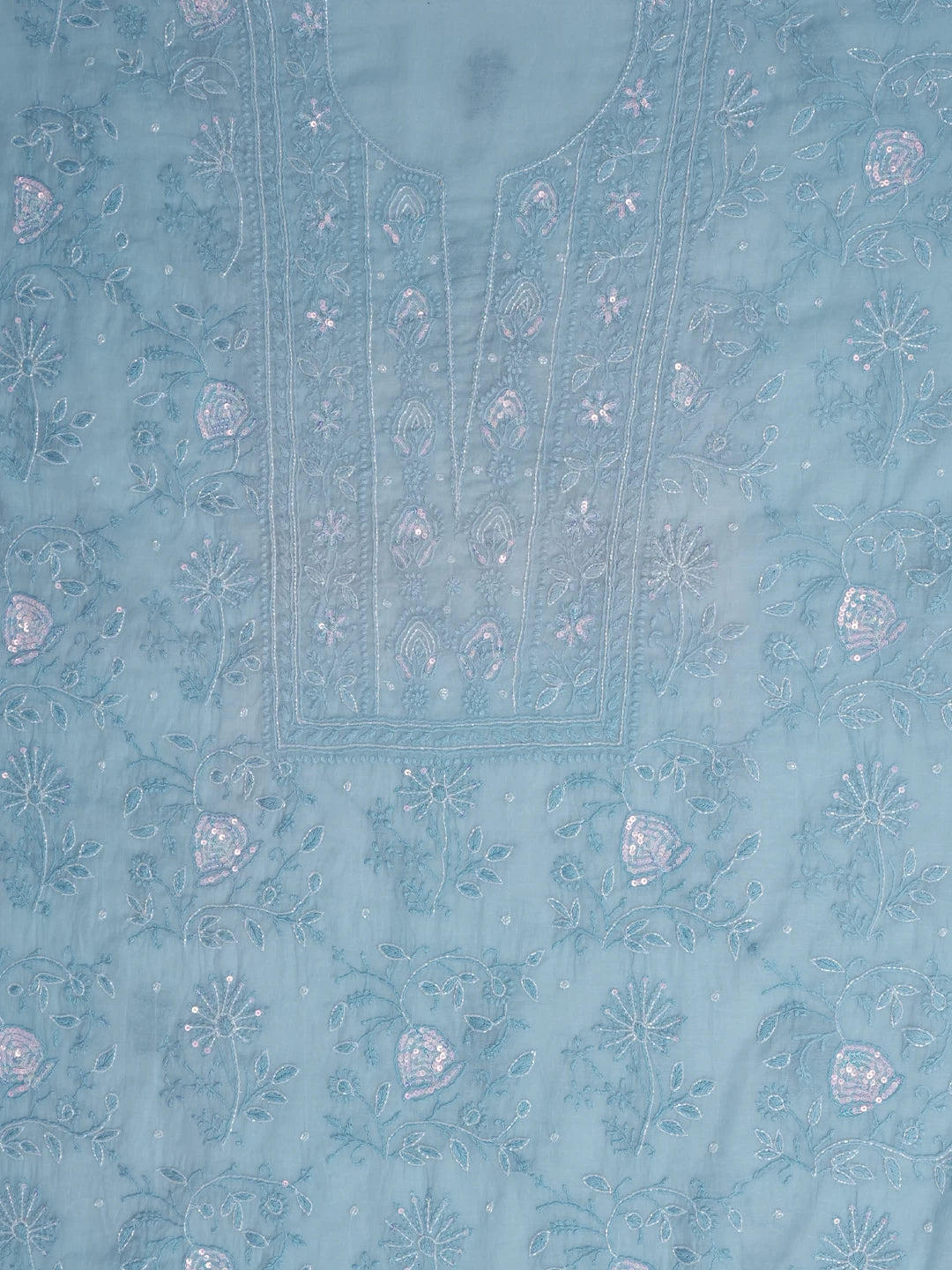 Ada Hand Embroidered Beau Blue Chanderi Lucknowi Chikankari Unstitched Kurta Dupatta Set With Sequinned Work 01A622288