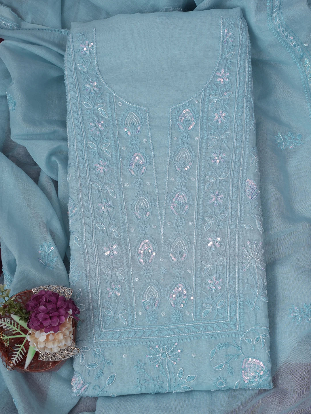 Ada Hand Embroidered Beau Blue Chanderi Lucknowi Chikankari Unstitched Kurta Dupatta Set With Sequinned Work 01A622288