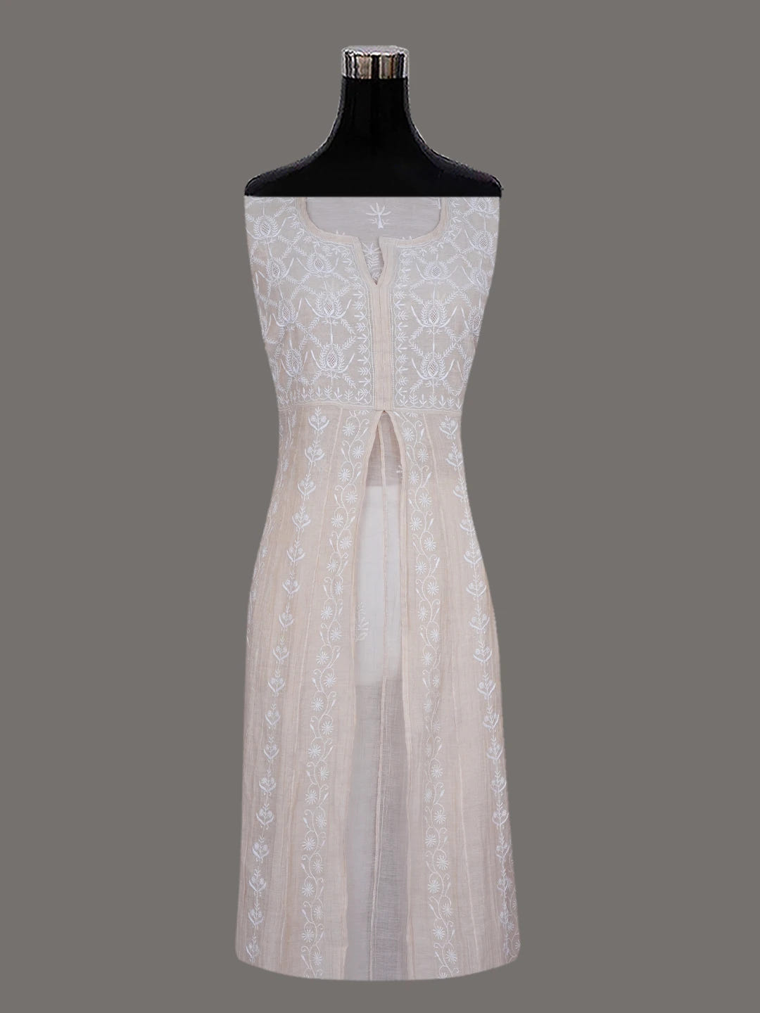 Ada Hand Embroidered Fawn Tissue Lucknowi Chikankari Semi-stitched Anarkali Kurta Dupatta Set 01A488066