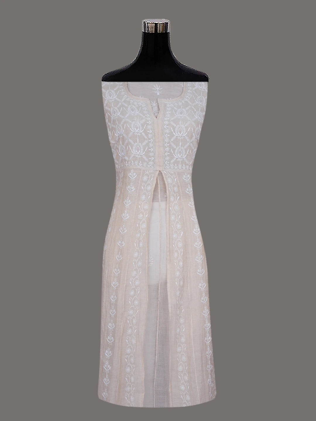 Ada Hand Embroidered Fawn Tissue Lucknowi Chikankari Semi-stitched Anarkali Kurta Dupatta Set 01A488066