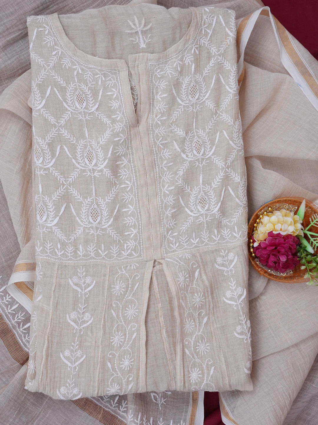 Ada Hand Embroidered Fawn Tissue Lucknowi Chikankari Semi-stitched Anarkali Kurta Dupatta Set 01A488066