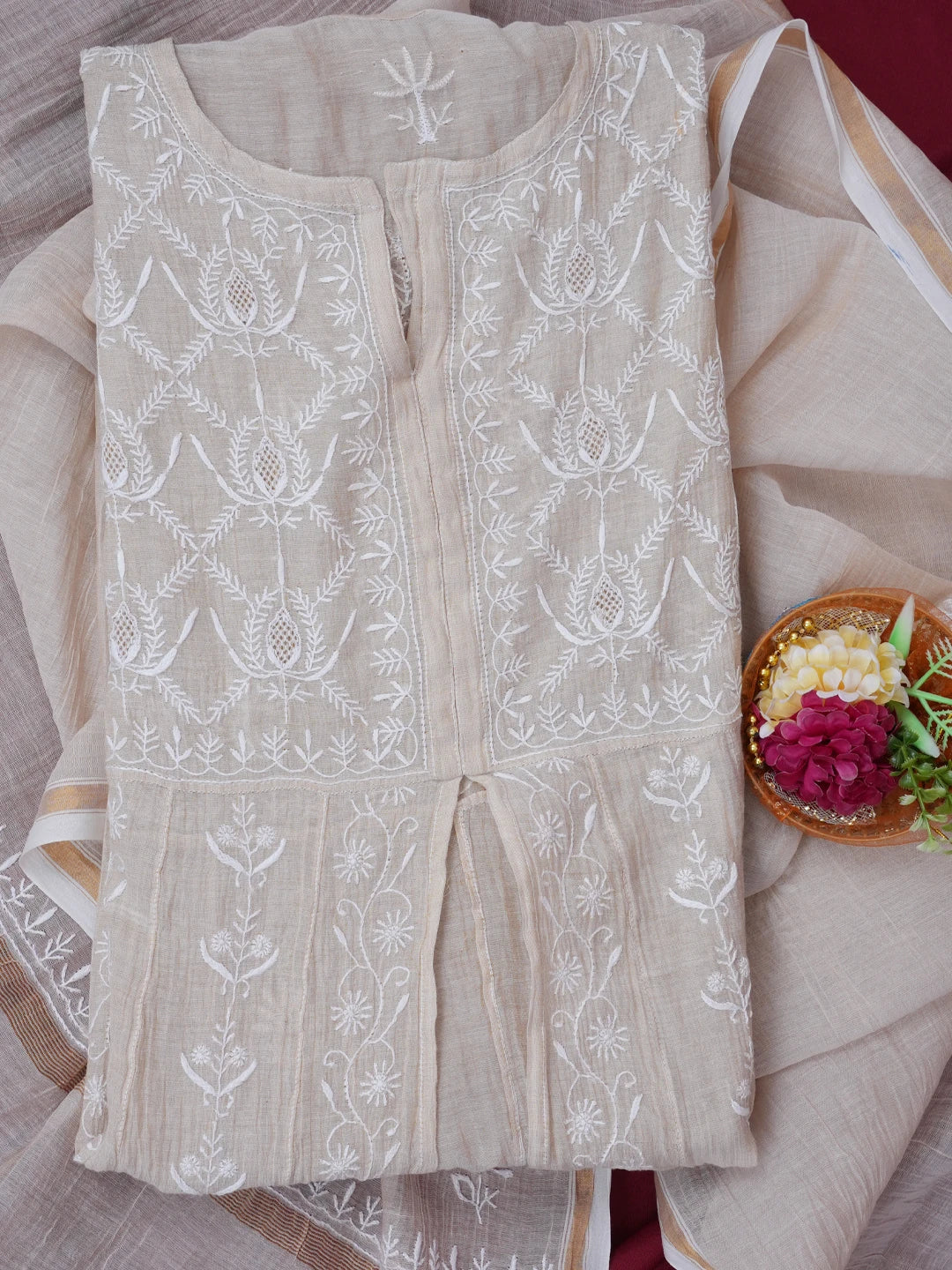 Ada Hand Embroidered Fawn Tissue Lucknowi Chikankari Semi-stitched Anarkali Kurta Dupatta Set 01A488066