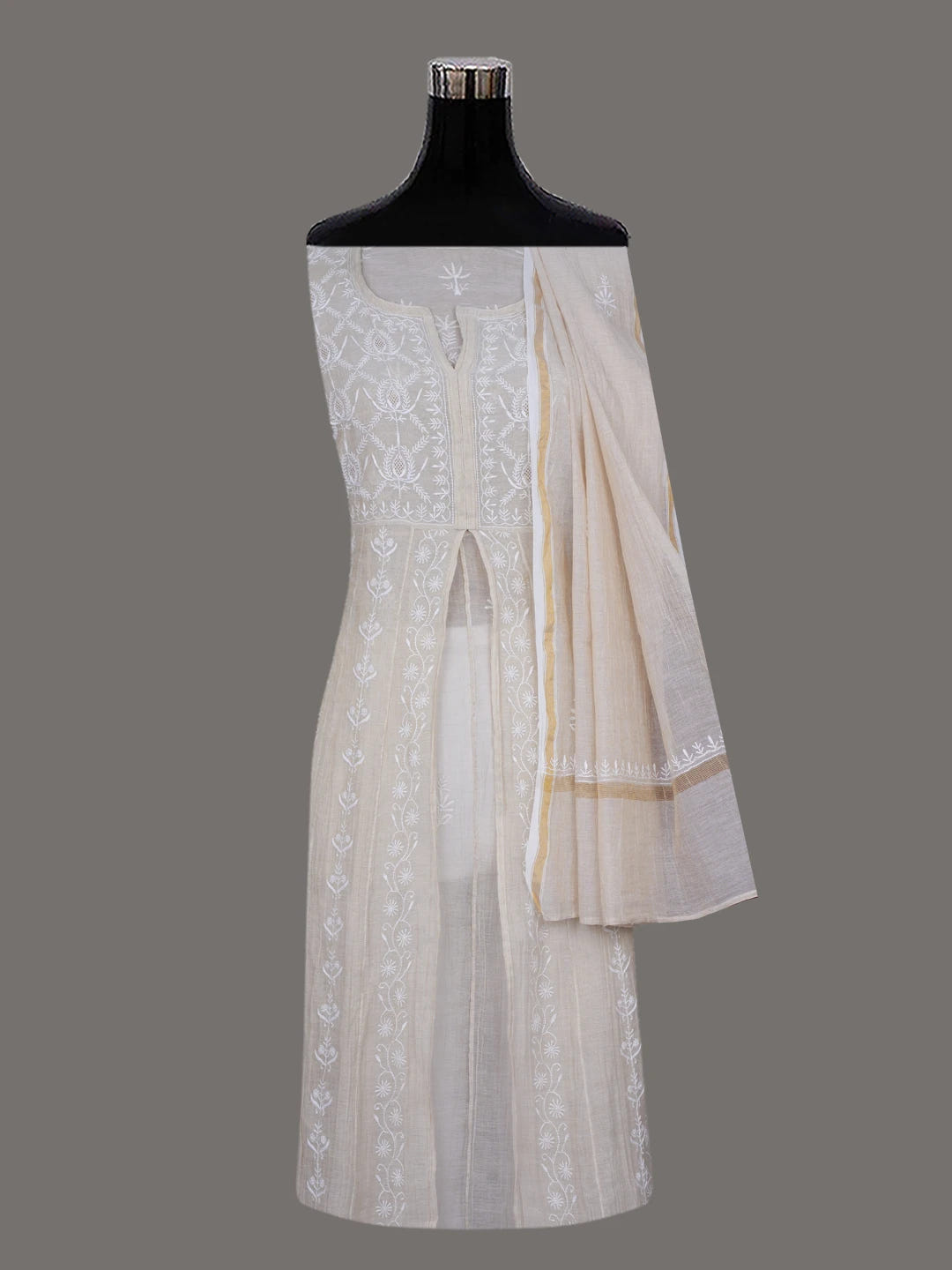 Ada Hand Embroidered Fawn Tissue Lucknowi Chikankari Semi-stitched Anarkali Kurta Dupatta Set 01A488066