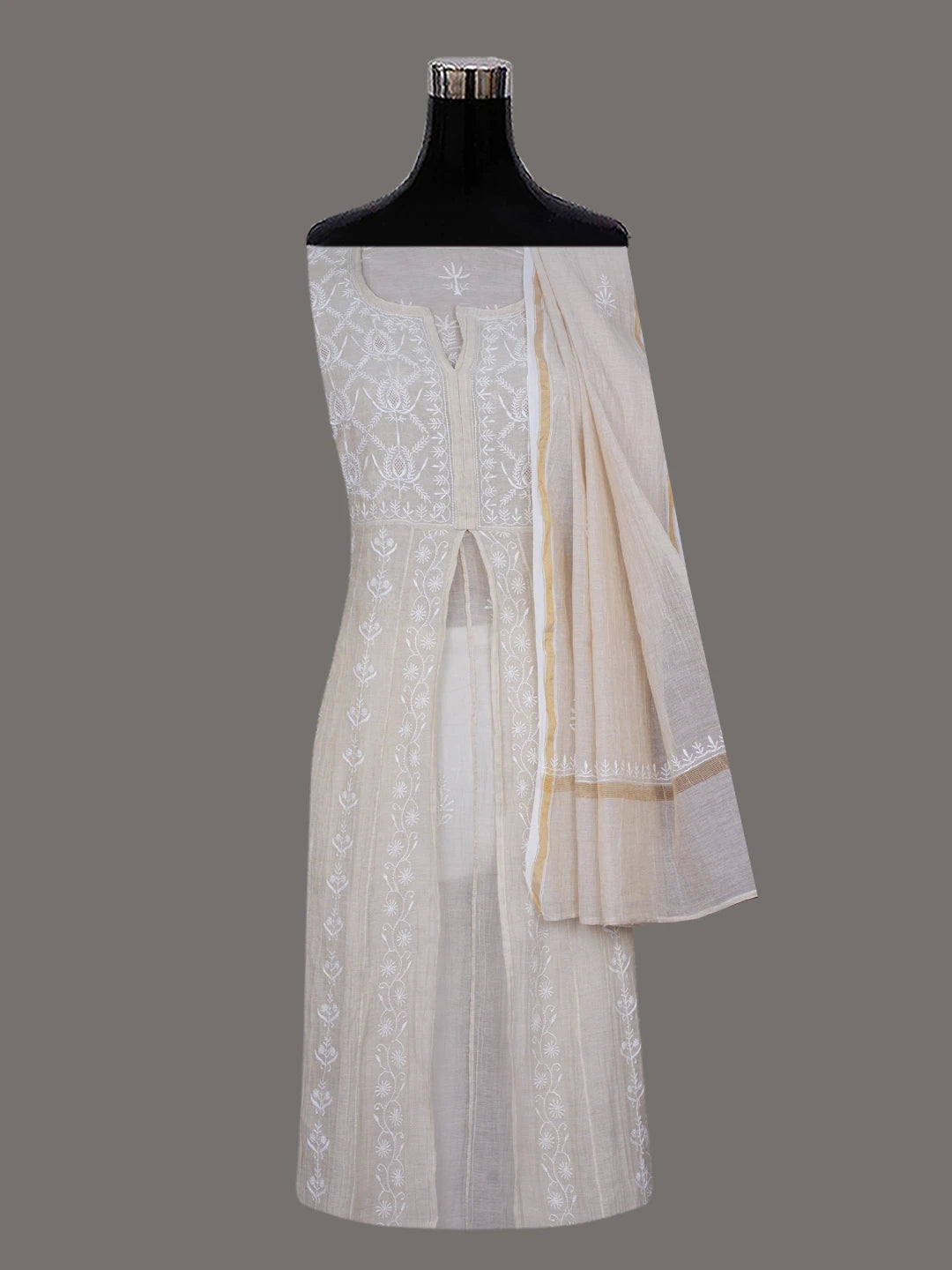 Ada Hand Embroidered Fawn Tissue Lucknowi Chikankari Semi-stitched Anarkali Kurta Dupatta Set 01A488066
