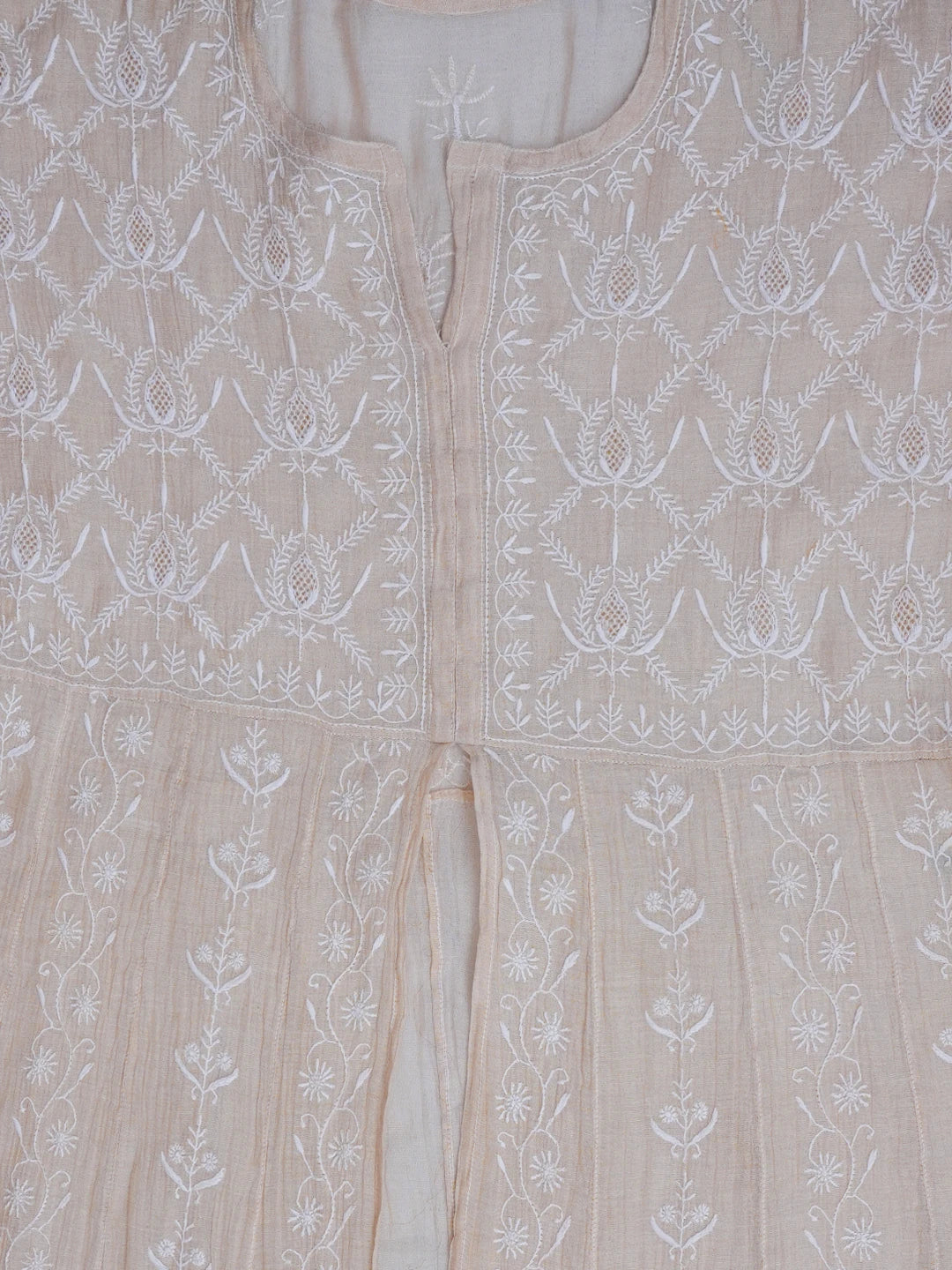 Ada Hand Embroidered Fawn Tissue Lucknowi Chikankari Semi-stitched Anarkali Kurta Dupatta Set 01A488066