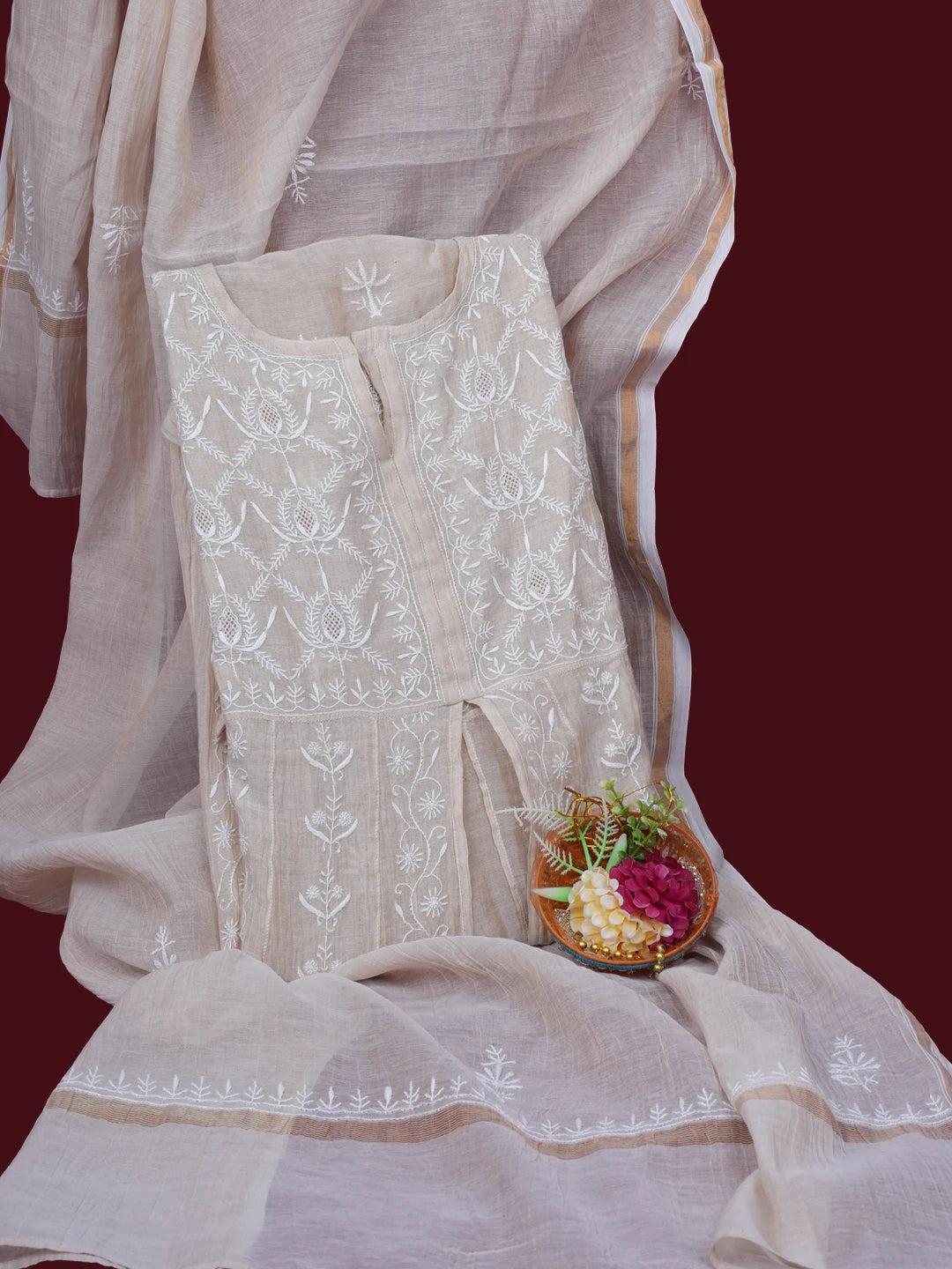 Ada Hand Embroidered Fawn Tissue Lucknowi Chikankari Semi-stitched Anarkali Kurta Dupatta Set 01A488066