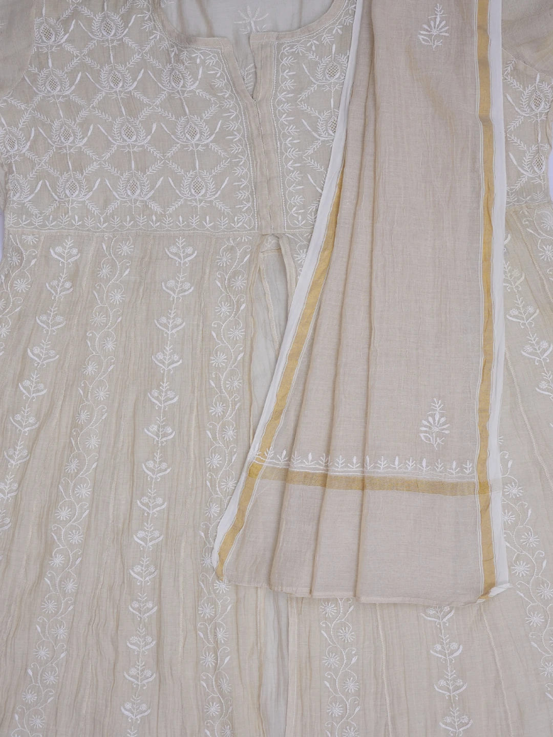 Ada Hand Embroidered Fawn Tissue Lucknowi Chikankari Semi-stitched Anarkali Kurta Dupatta Set 01A488066