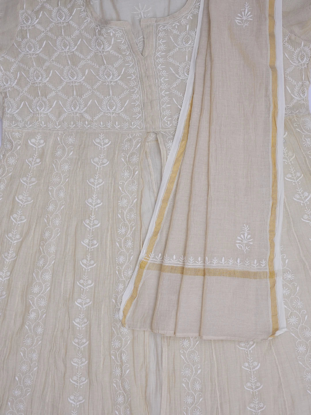 Ada Hand Embroidered Fawn Tissue Lucknowi Chikankari Semi-stitched Anarkali Kurta Dupatta Set 01A488066