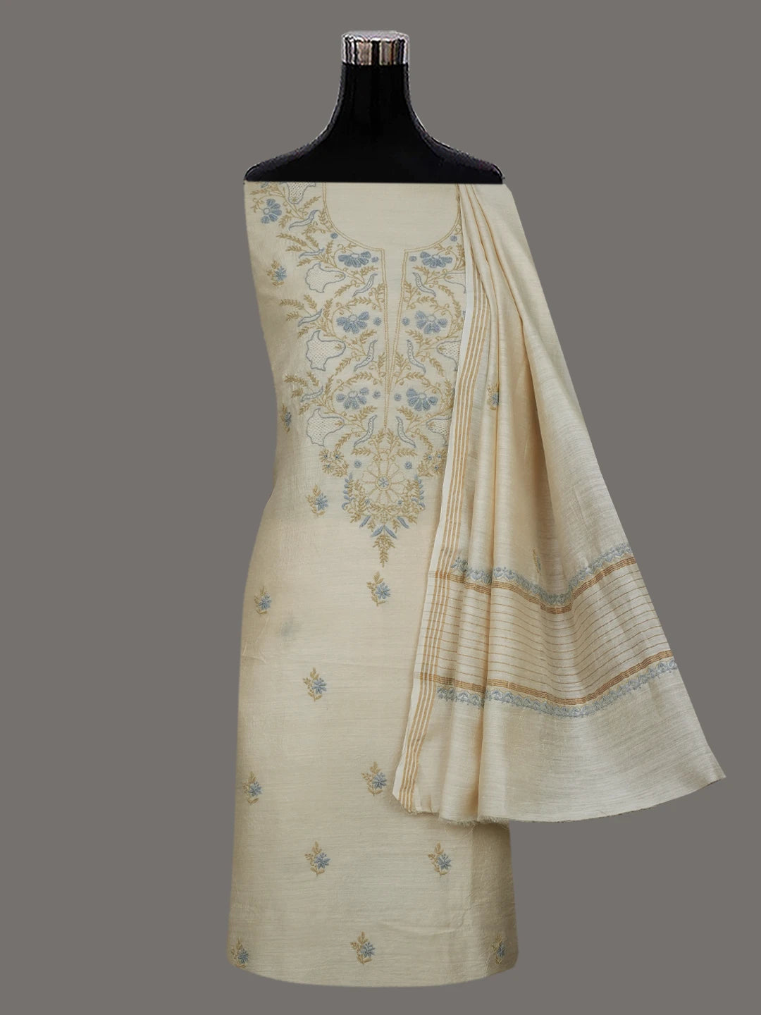 Ada Hand Embroidered Fawn Moonga Silk Lucknowi Chikankari Unstitched Kurta Dupatta Set 01A641536